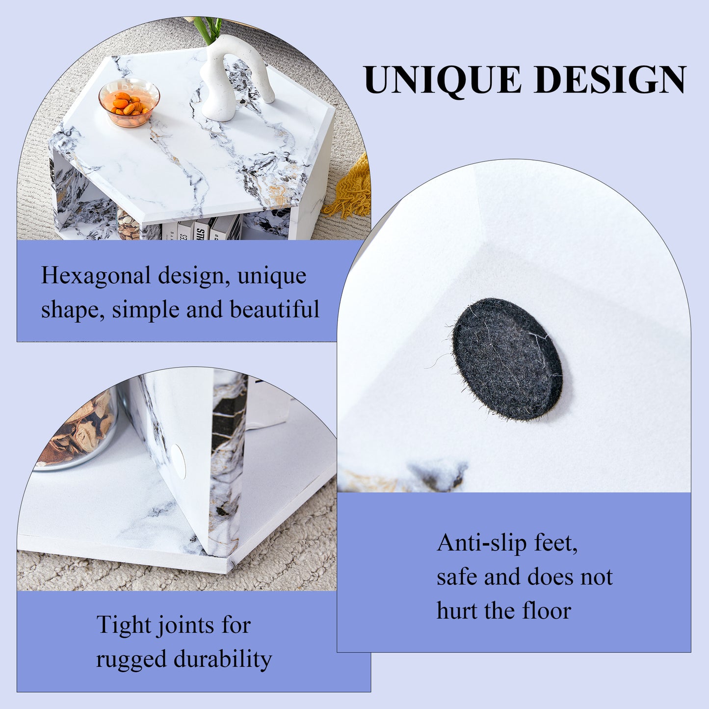 Hexagonal marble coffee table with modern design and storage shelves