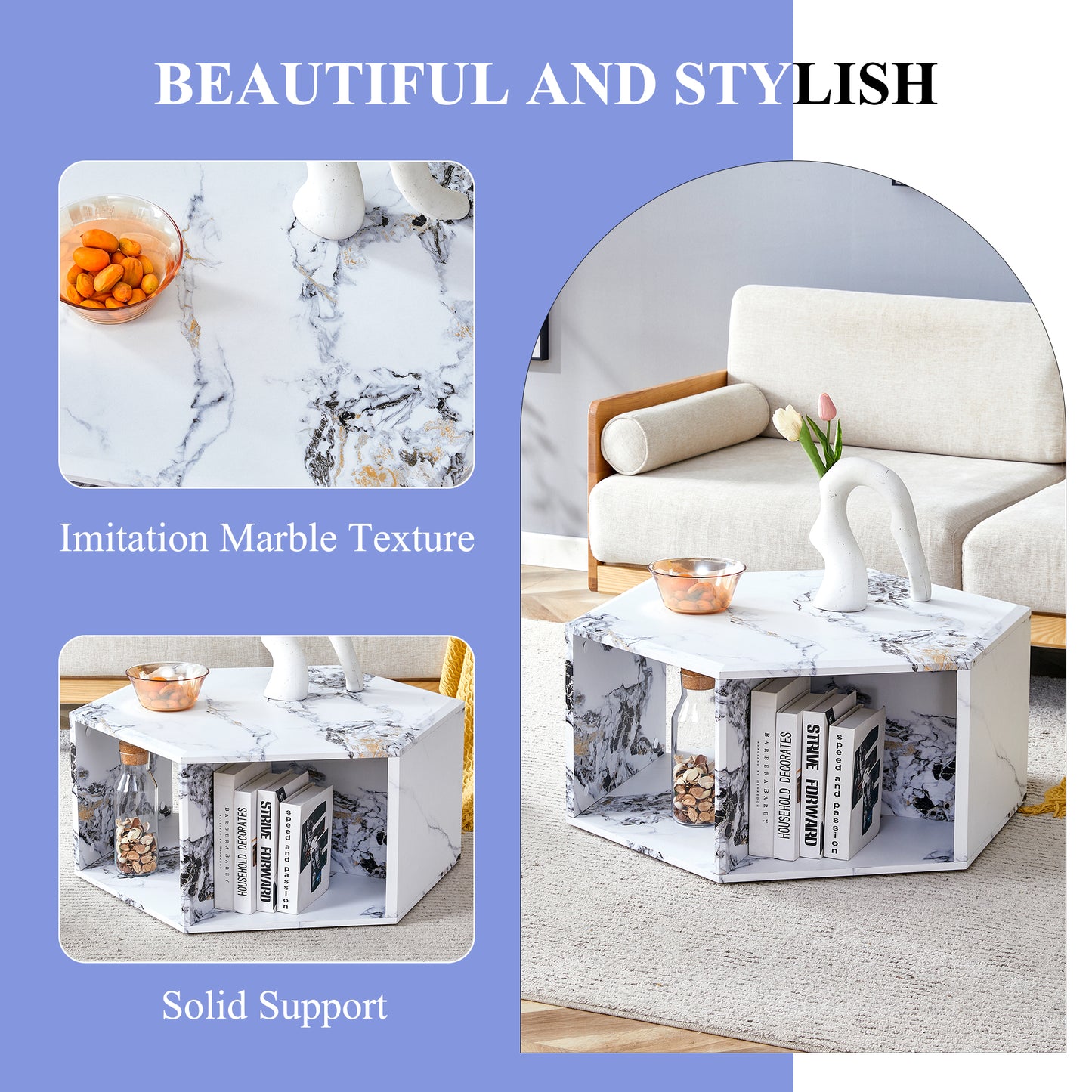 Hexagonal white coffee table with imitation marble texture and gold accents