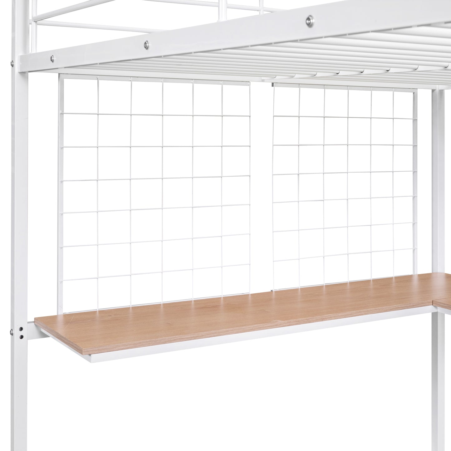 White metal bunk bed frame with light wood desk