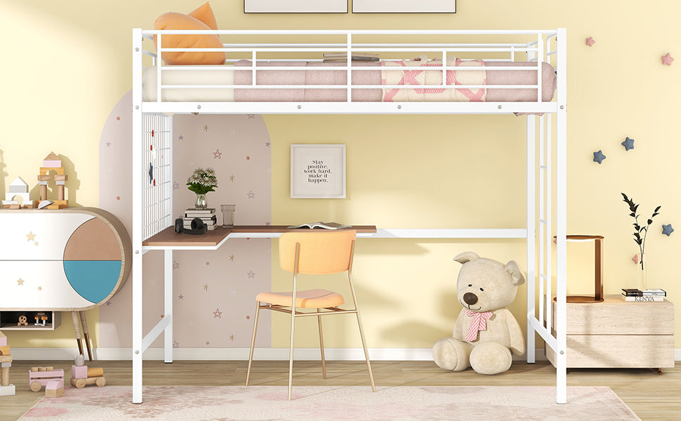 White metal loft bed with builtin desk and orange chair ideal for small bedrooms