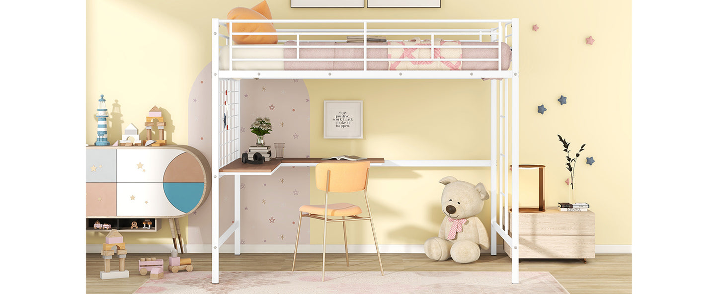 White metal loft bed with integrated desk and chair
