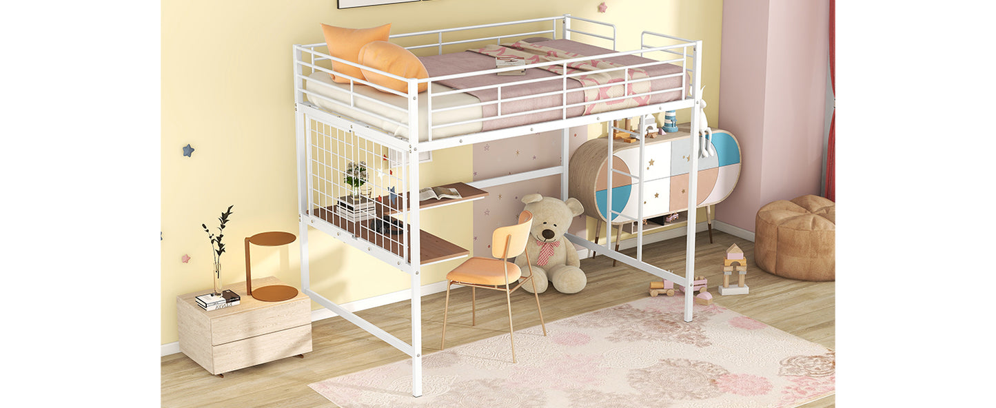 White metal twin loft bed with shelves and desk ideal for kids rooms