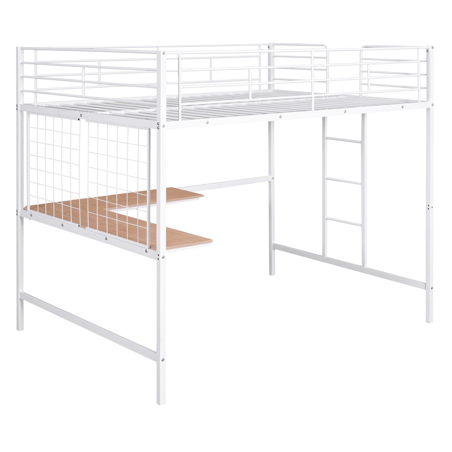 White metal loft bed with desk and integrated ladder