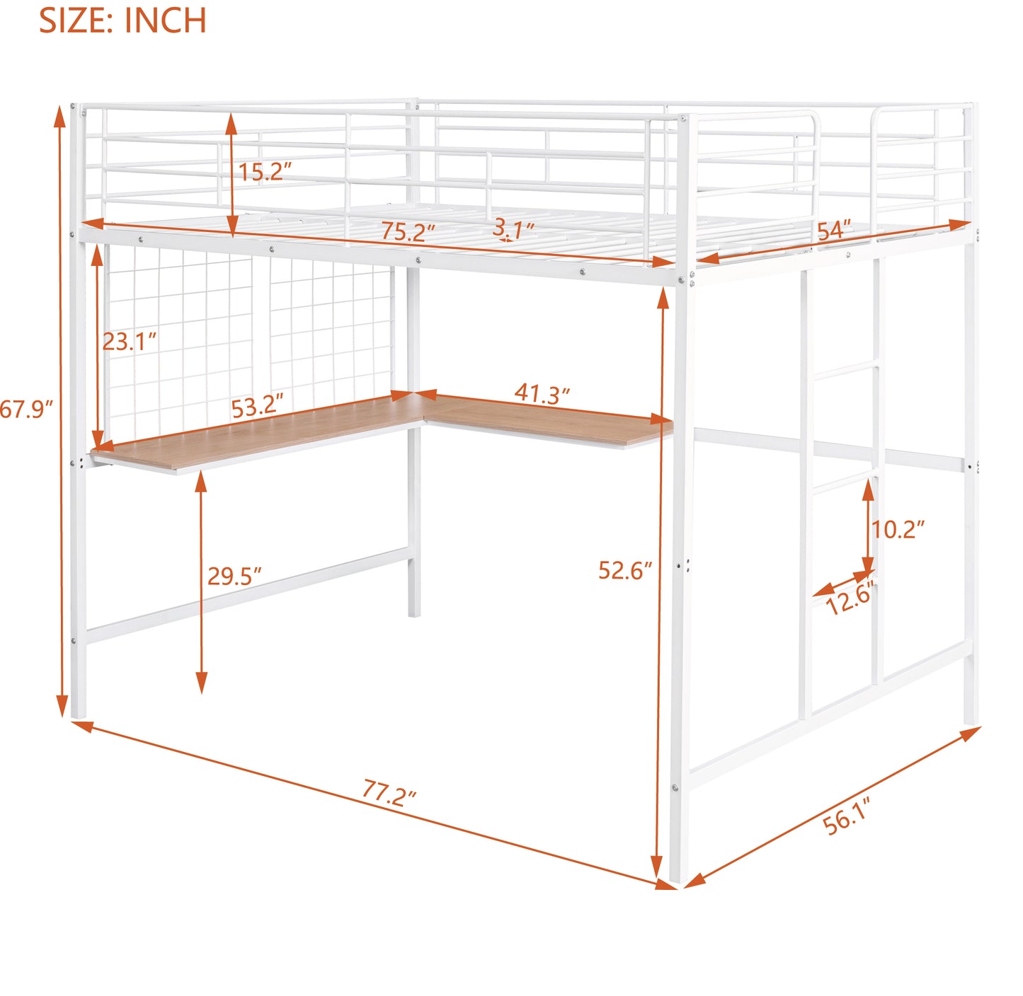White metal loft bed with Lshaped desk and dimensions