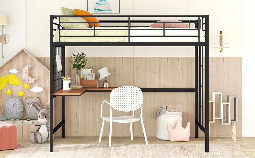 Black metal loft bed with desk and white chair