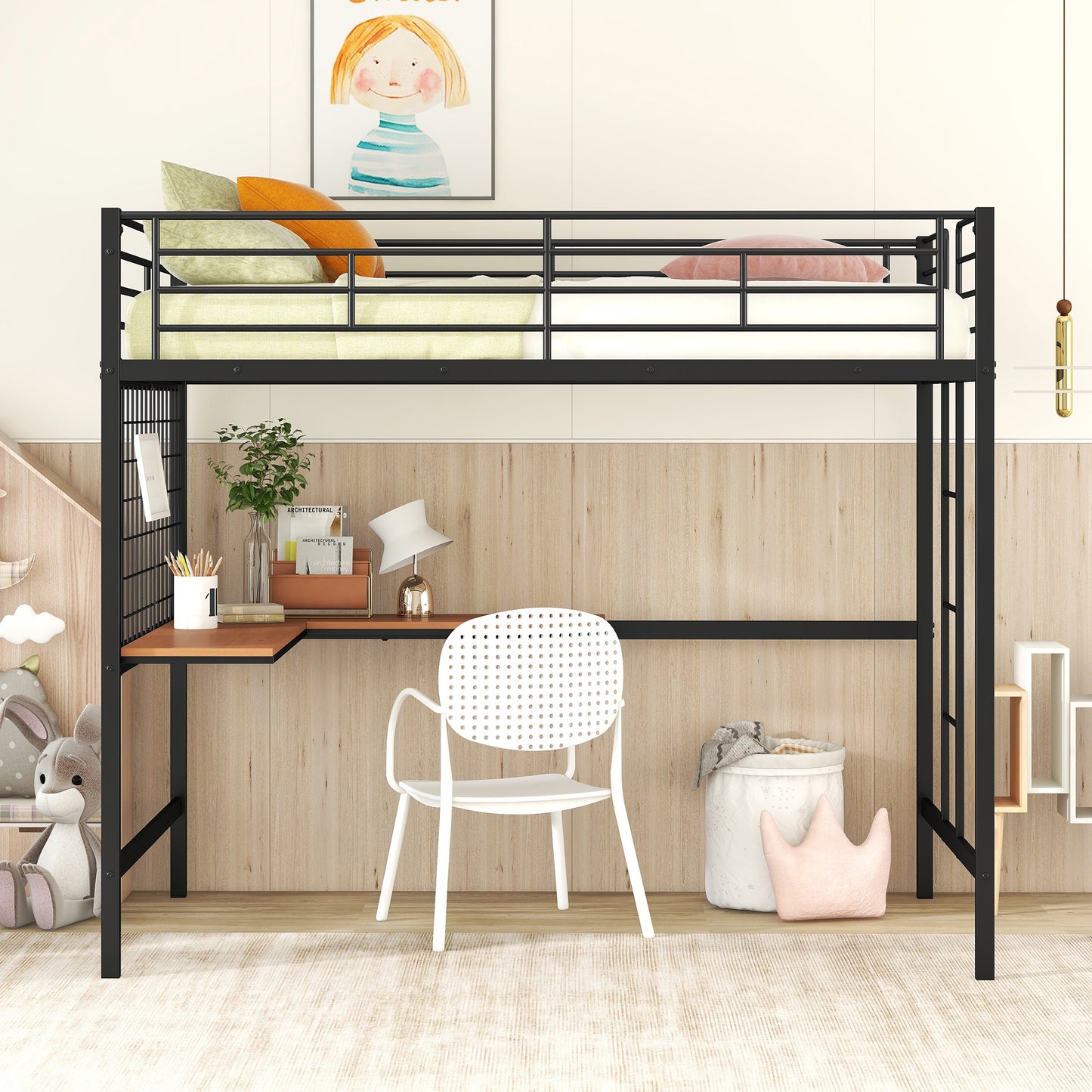 Black metal twin loft bed with integrated desk and chair