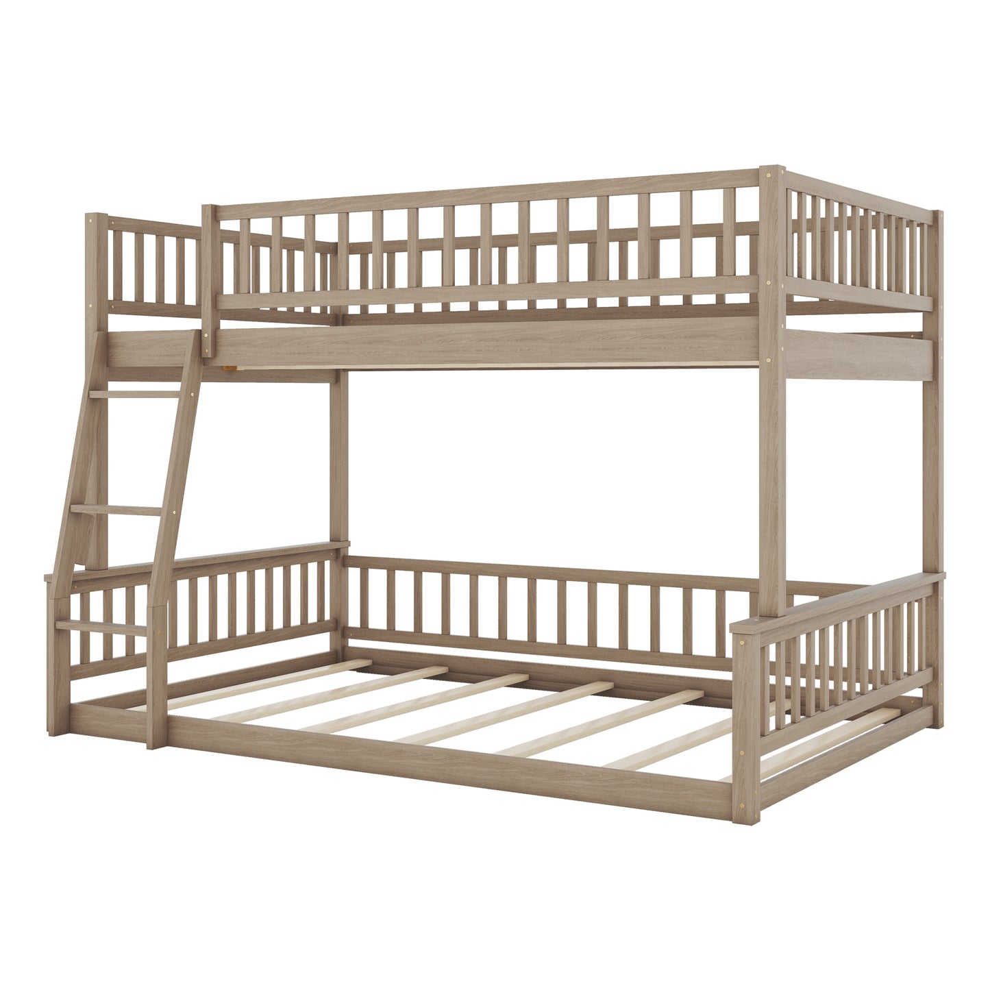 Gray wooden bunk bed with ladder