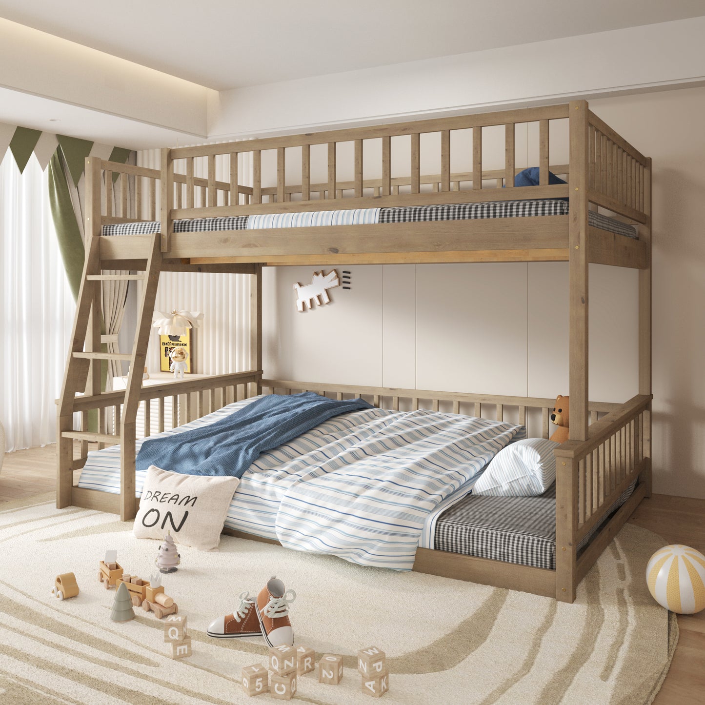 Rustic wooden bunk bed with blue bedding and playful decor