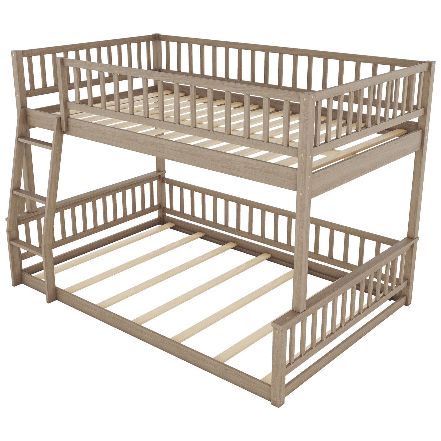 Rustic oak wood bunk bed with ladder and safety rails