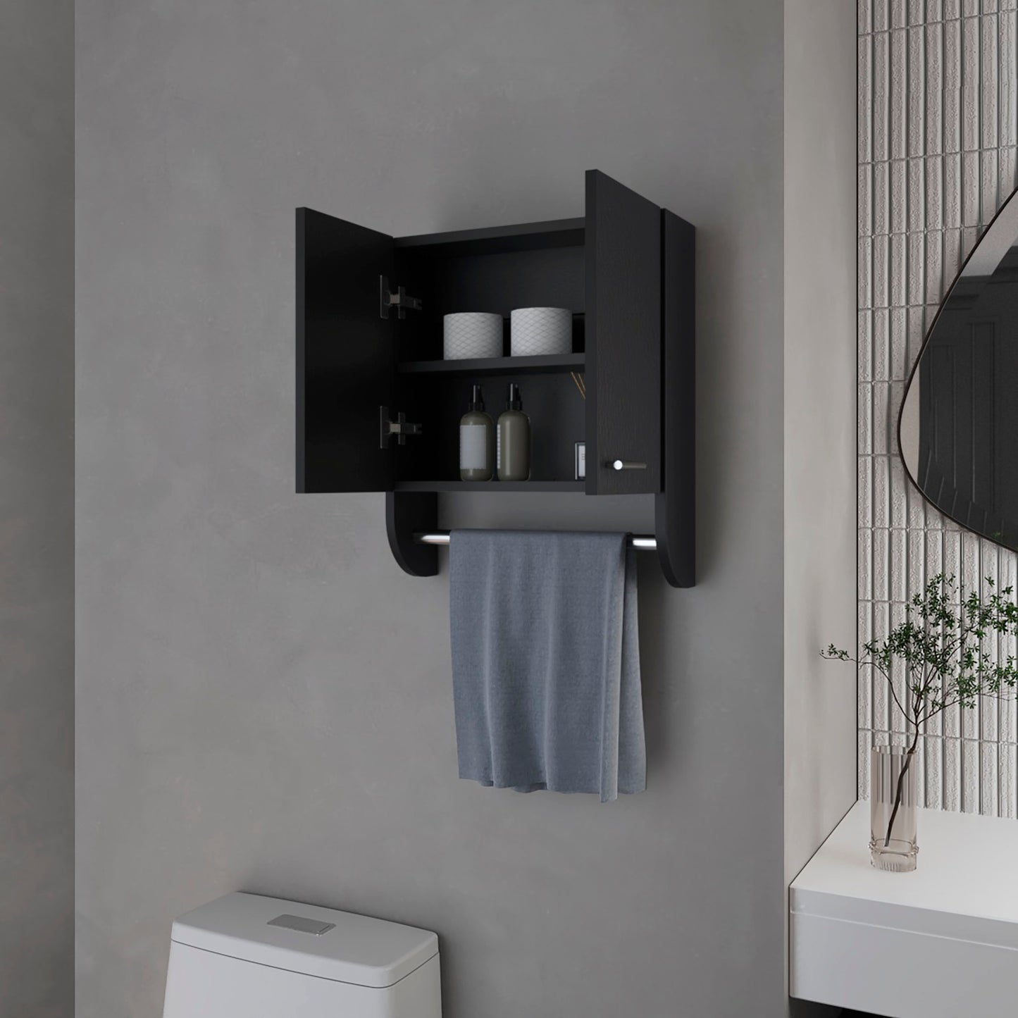 Black modern bathroom wall cabinet with open doors showcasing toilet paper and bottles featuring a towel bar