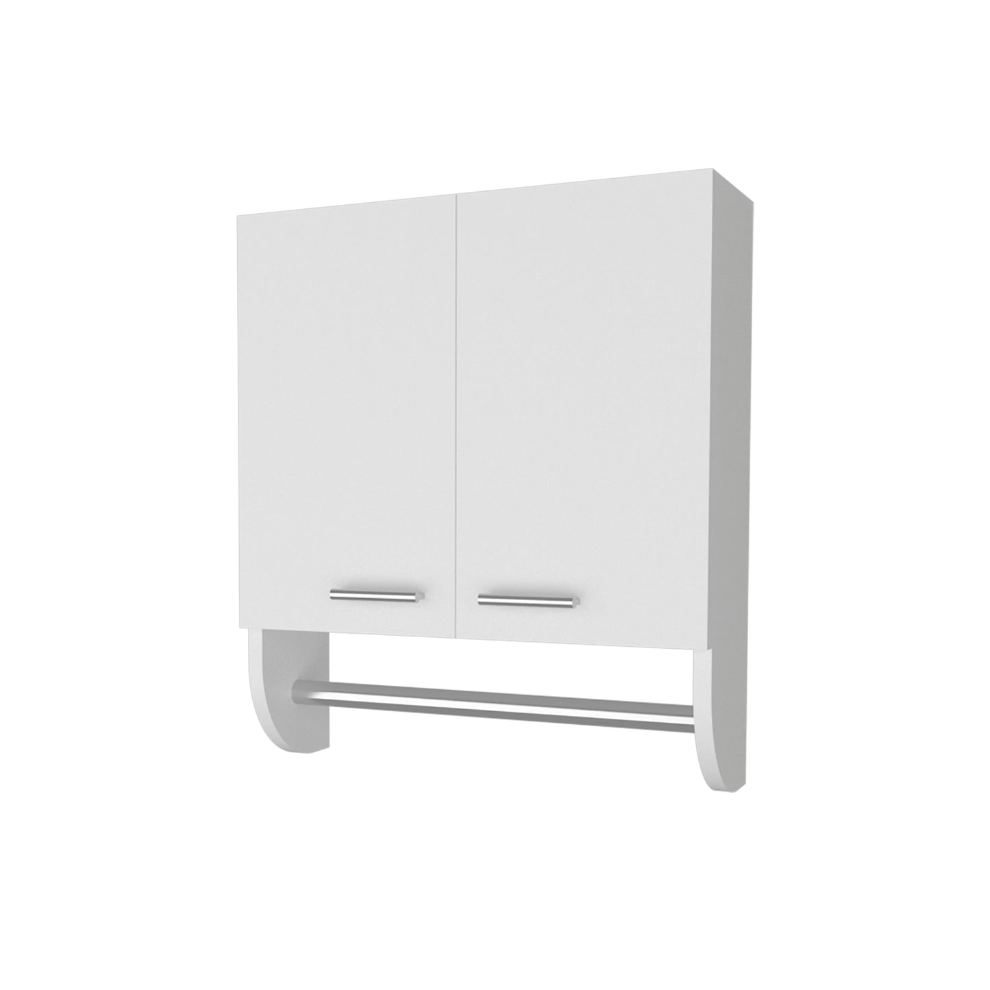 Modern white wall cabinet with two doors and a towel bar for bathroom organization