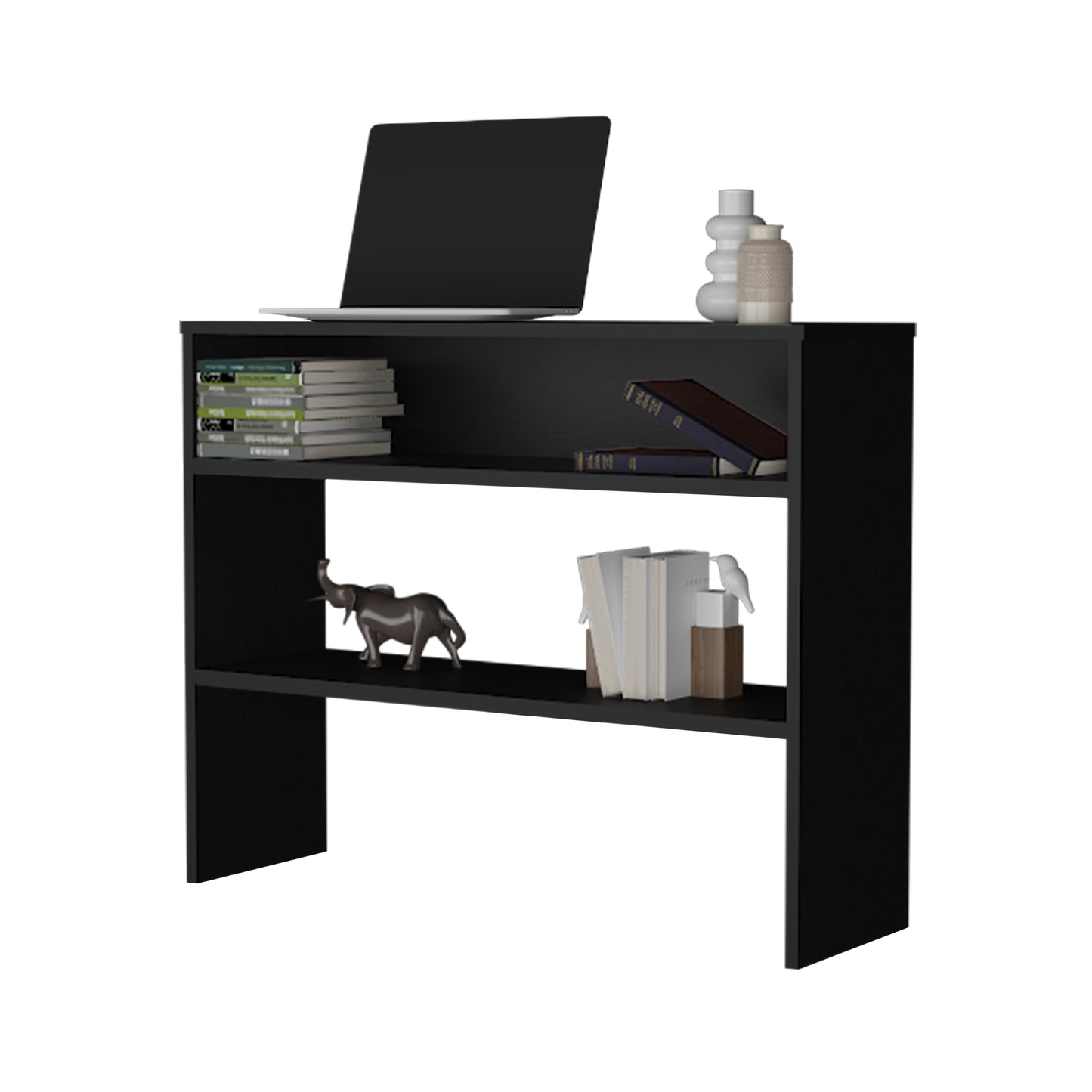 Black modern console table with laptop and decorative objects
