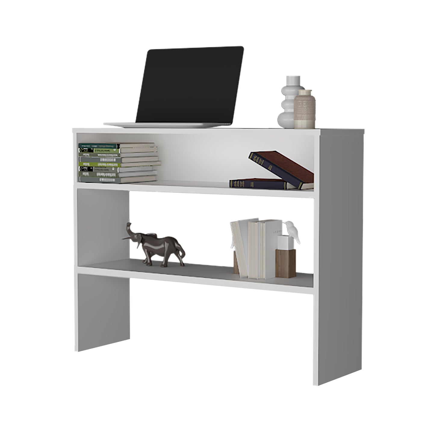 White modern console table with stacked books and laptop