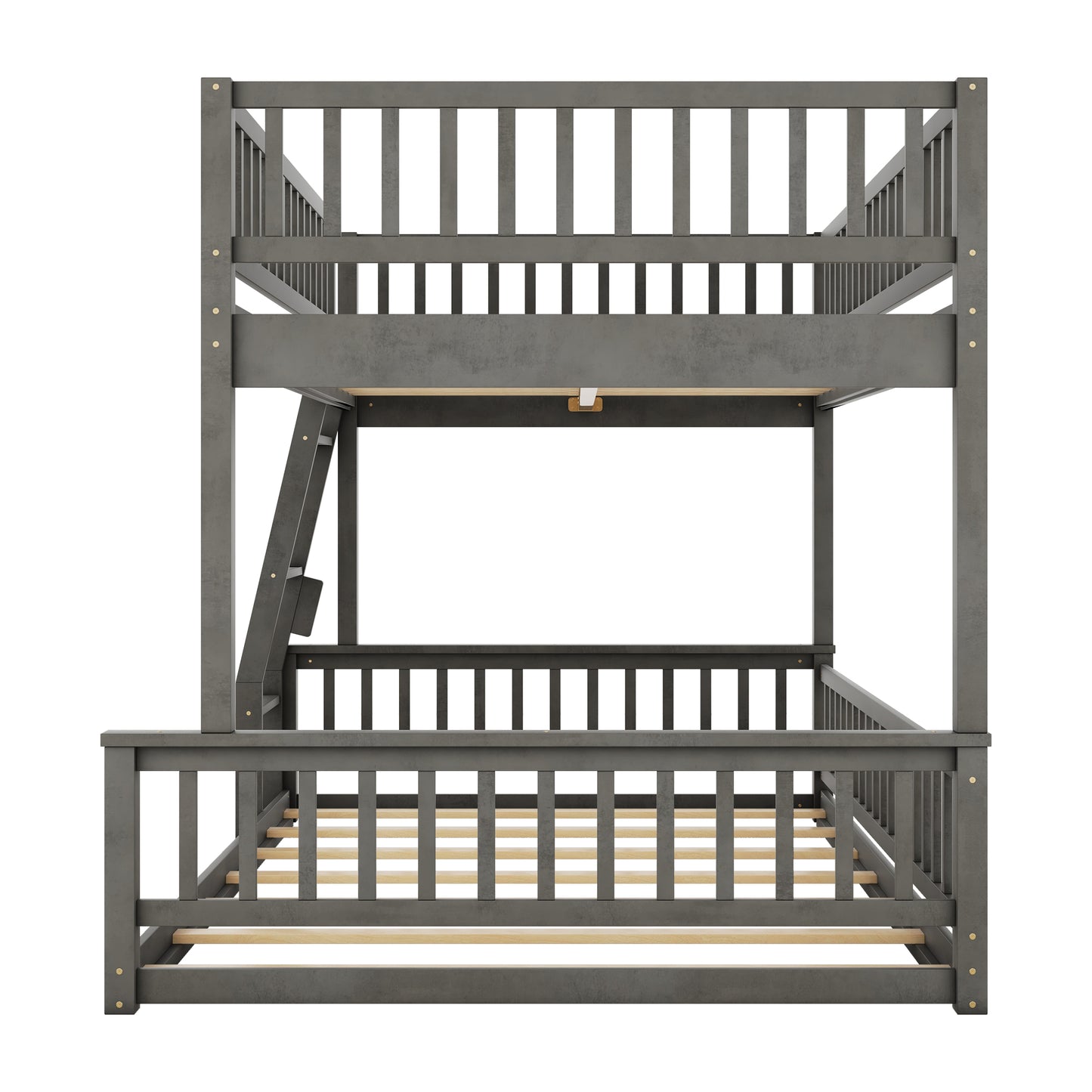 Dark grey wooden bunk bed with ladder and guardrails for kids