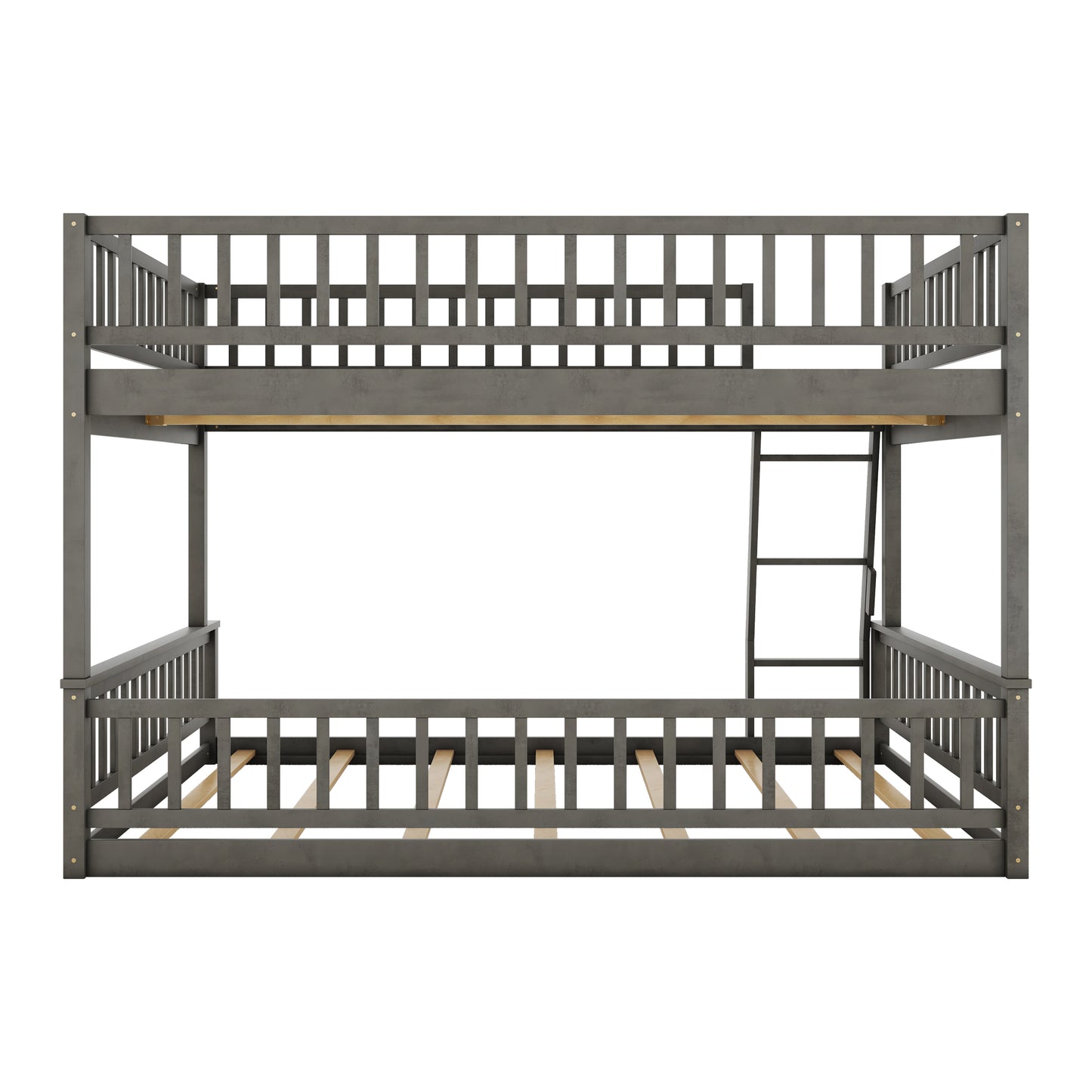 Gray wooden twin over twin bunk bed with ladder and slatted frames