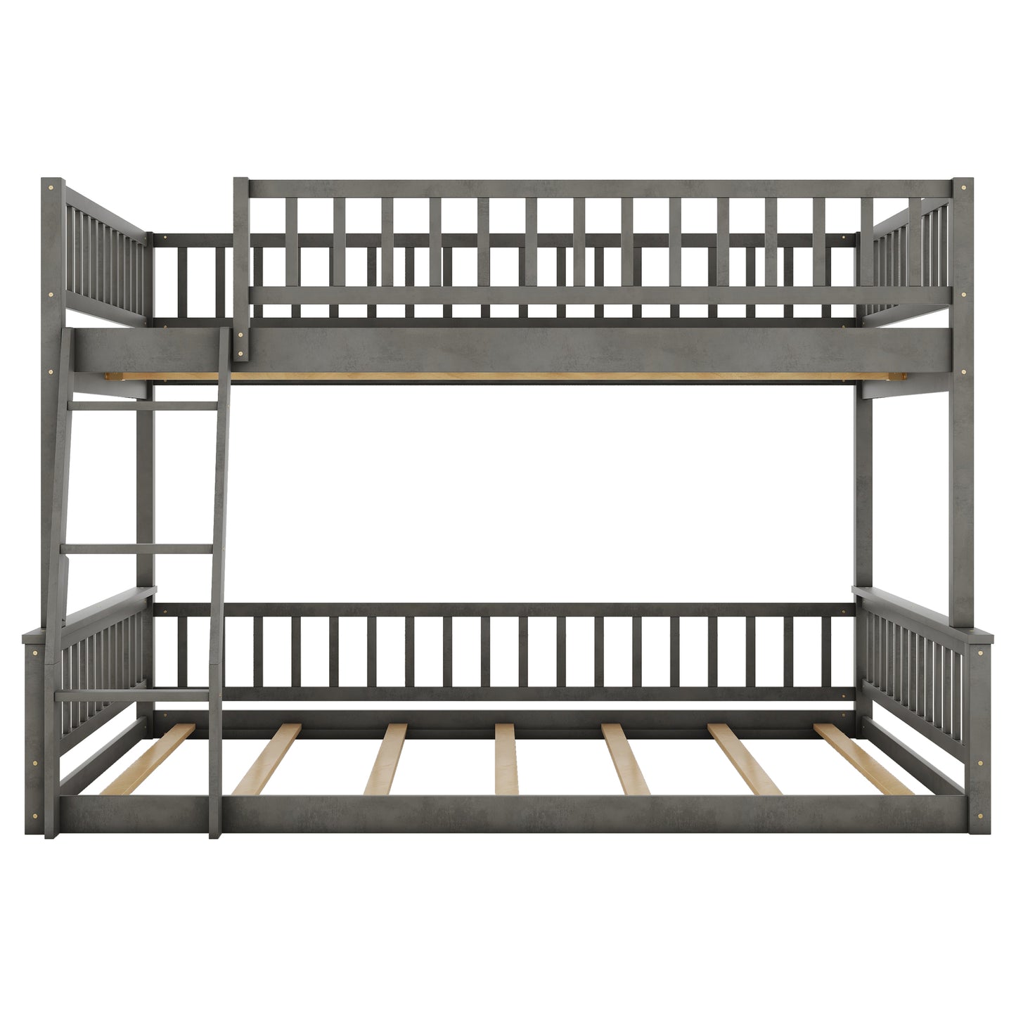 Gray wooden bunk bed with ladder and slatted frames