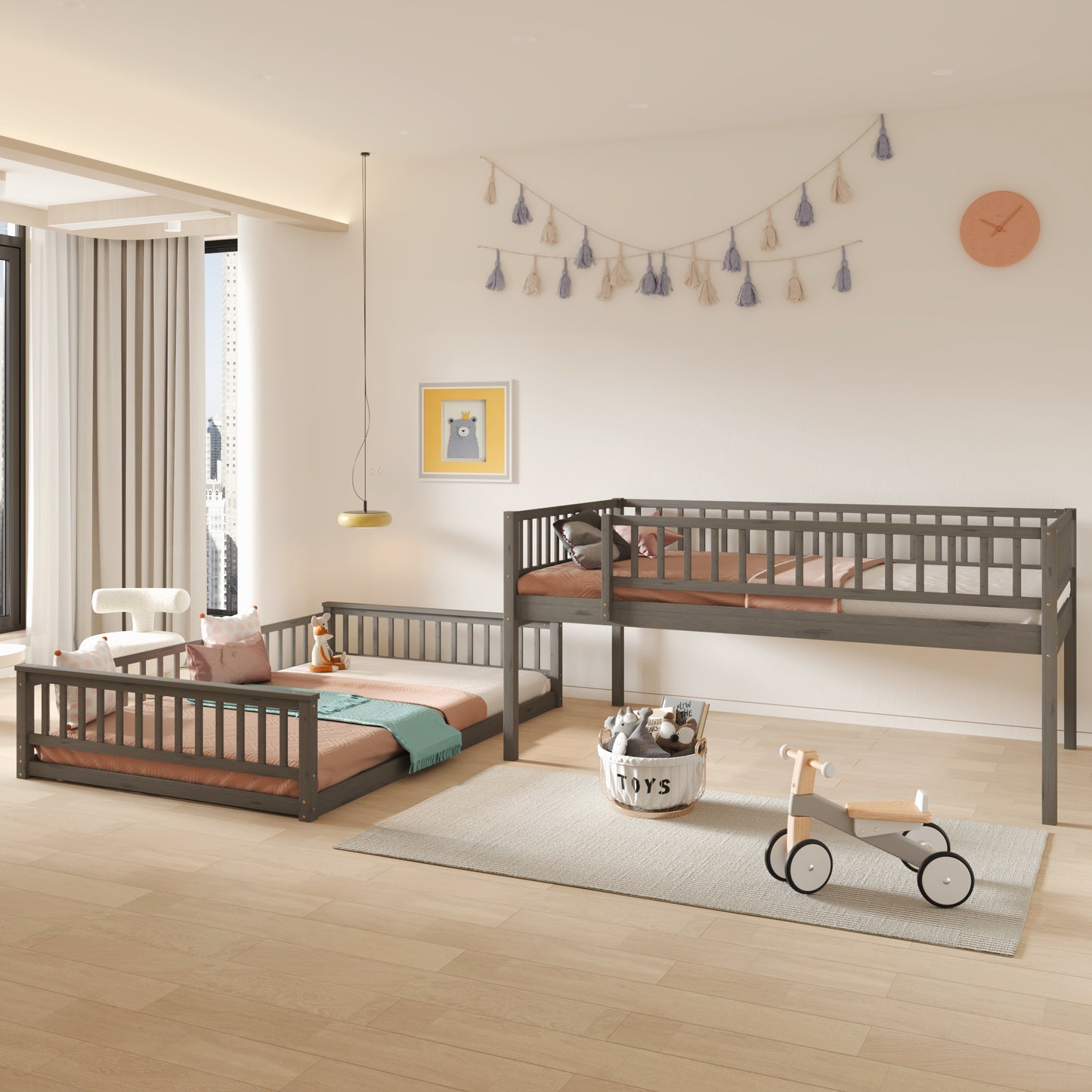 Gray wooden twin over twin bunk bed with slatted guardrails and mattresses for childrens room