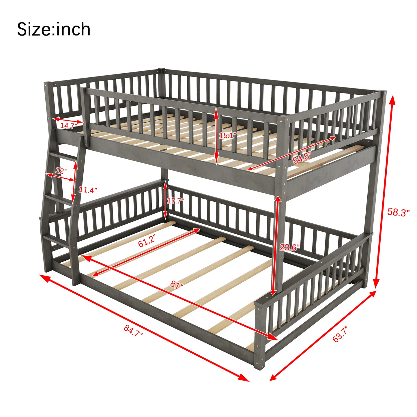 Gray wooden bunk bed with ladder and side rails