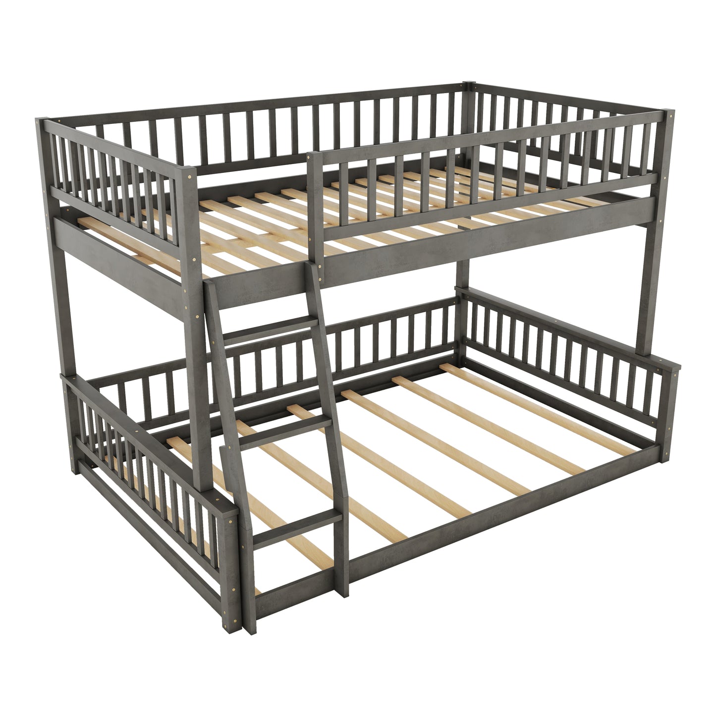 Dark gray wooden twin over twin bunk bed with slatted wood mattress supports and ladder
