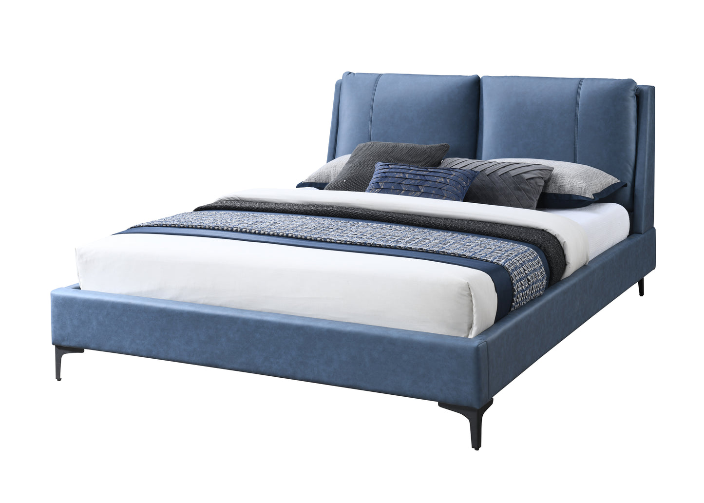 Blue leather upholstered queen bed frame with tufted headboard and bedding