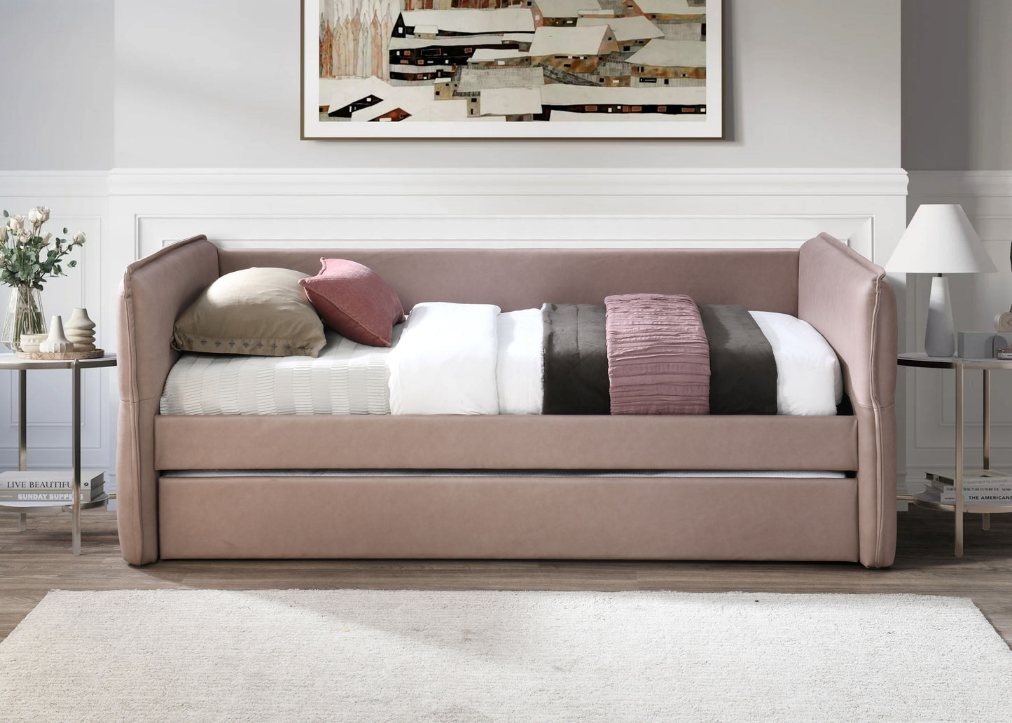 Dusty rose velvet daybed with pullout trundle perfect for guest rooms