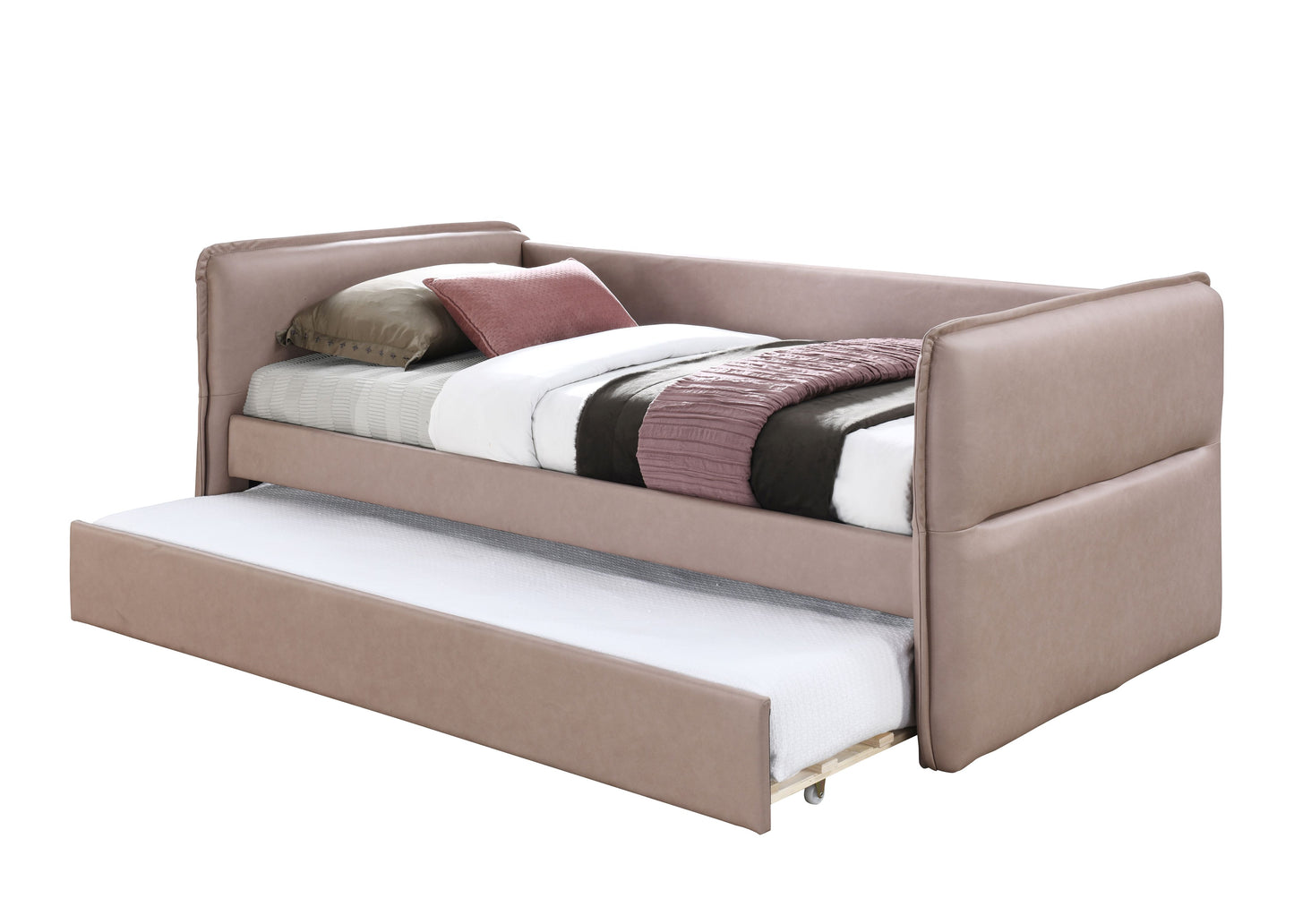 Taupe upholstered sofa bed with pullout trundle and decorative pillows