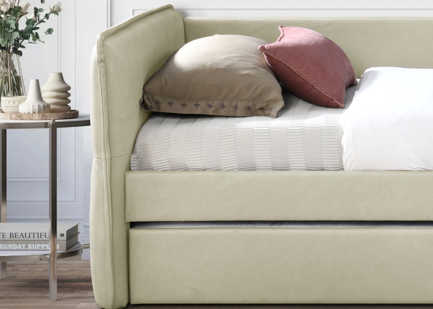 Modern beige upholstered daybed with pullout trundle for guest rooms