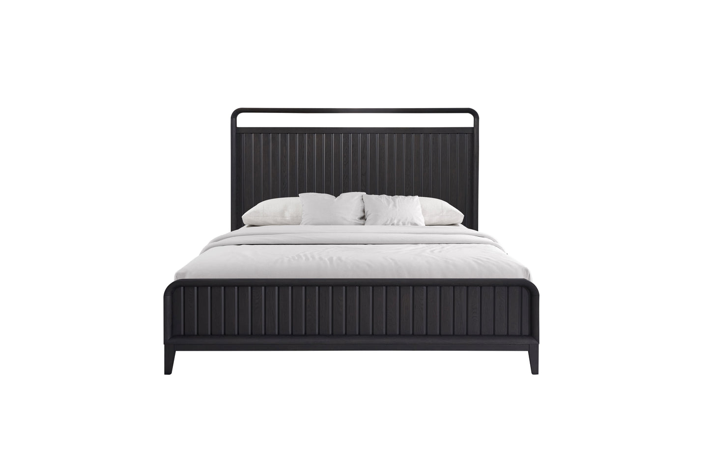 Dark wood slat queen bed frame with minimalist black metal accents