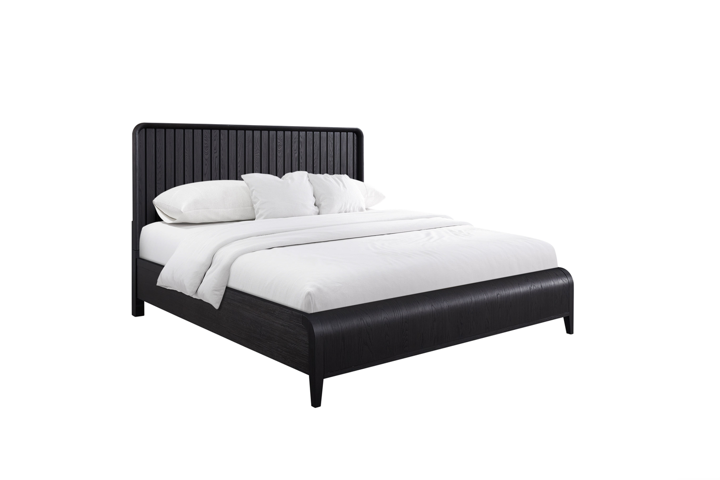 Dark oak slat headboard bed with white linens modern bedroom furniture