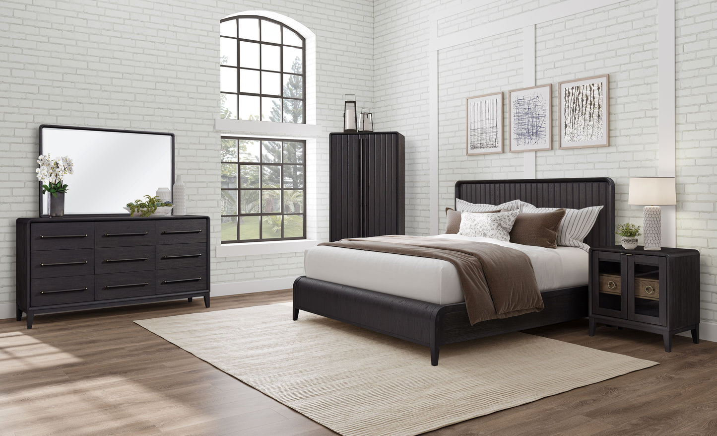 Dark wood bedroom set with king bed dresser and nightstand