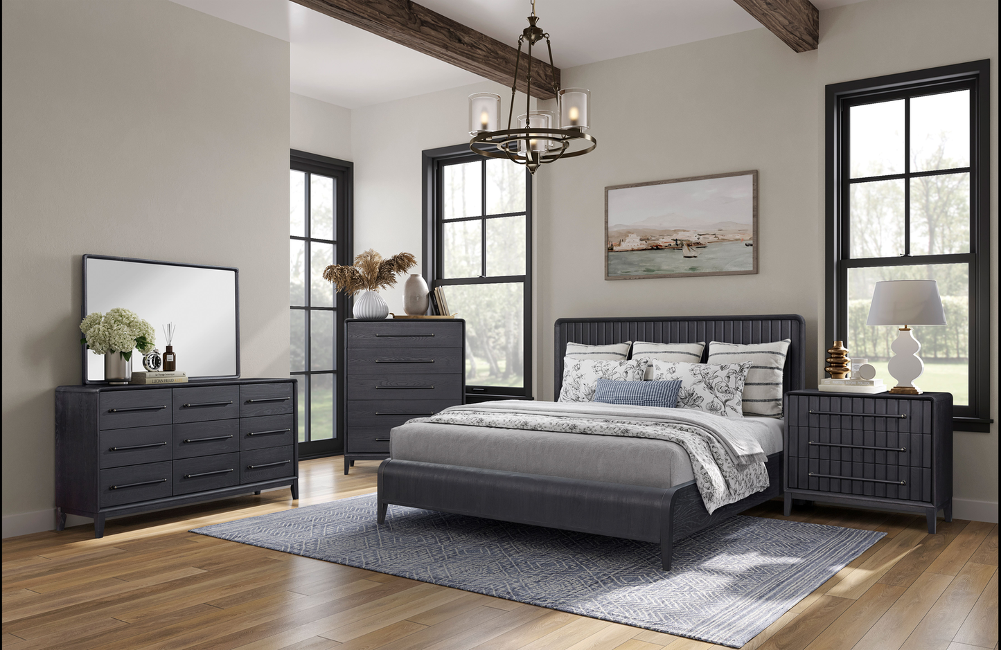 Modern dark gray upholstered platform bed with channeled headboard king size