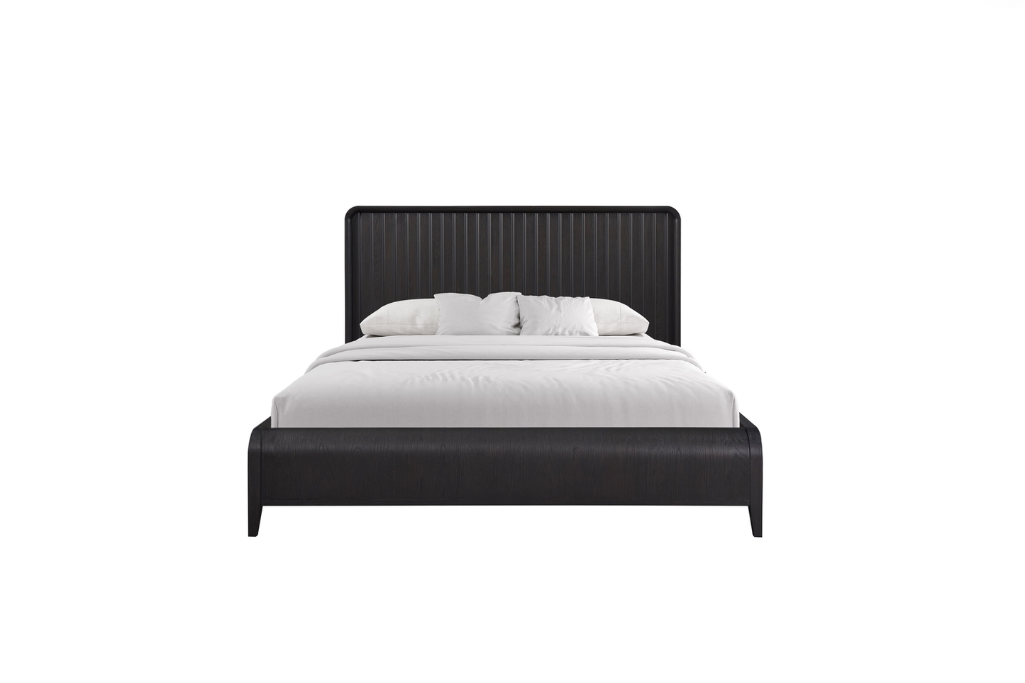 Dark wood platform bed with fluted headboard and white bedding