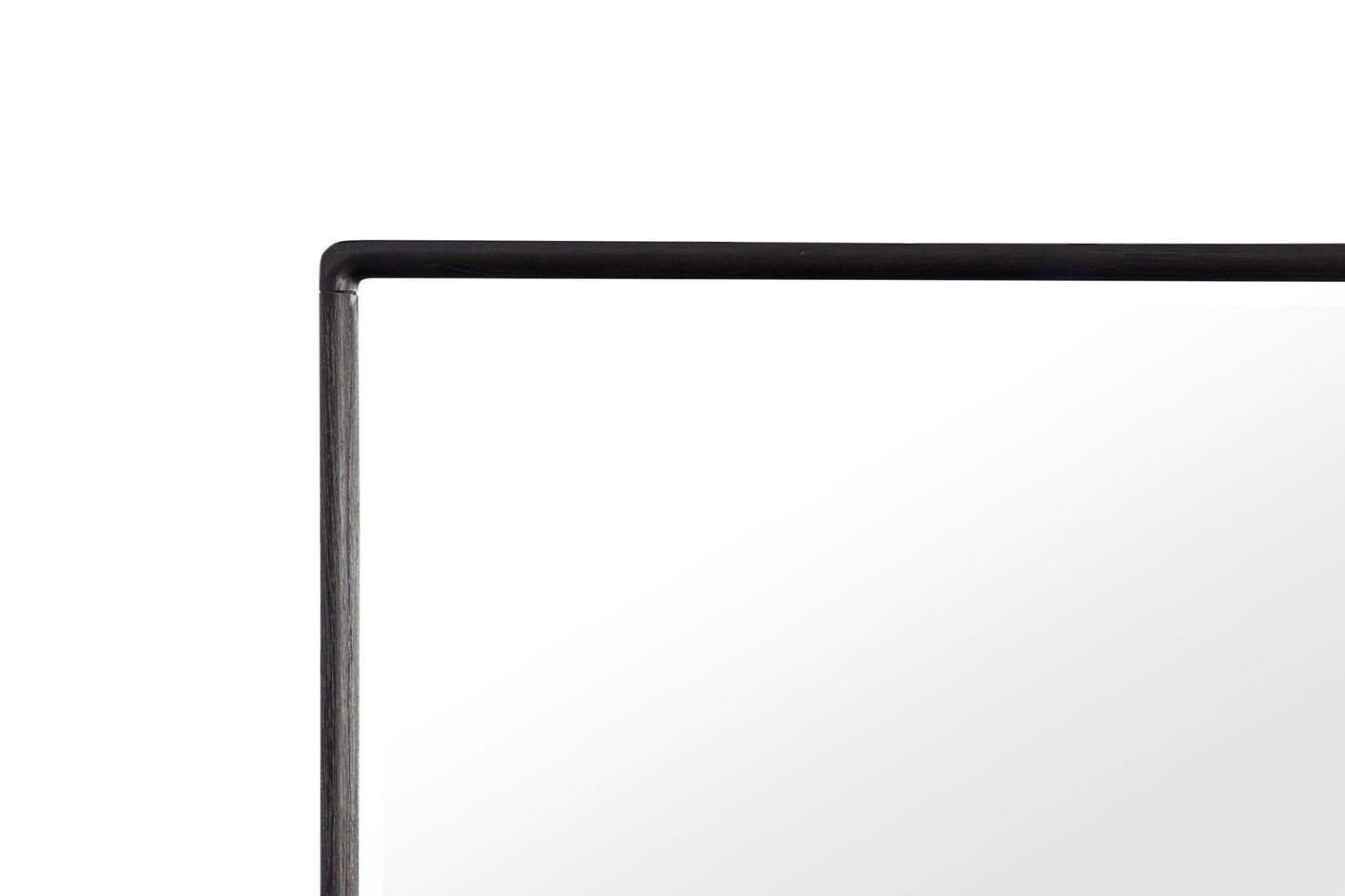 Detail of a modern dark wood framed mirror with a clean minimalist design