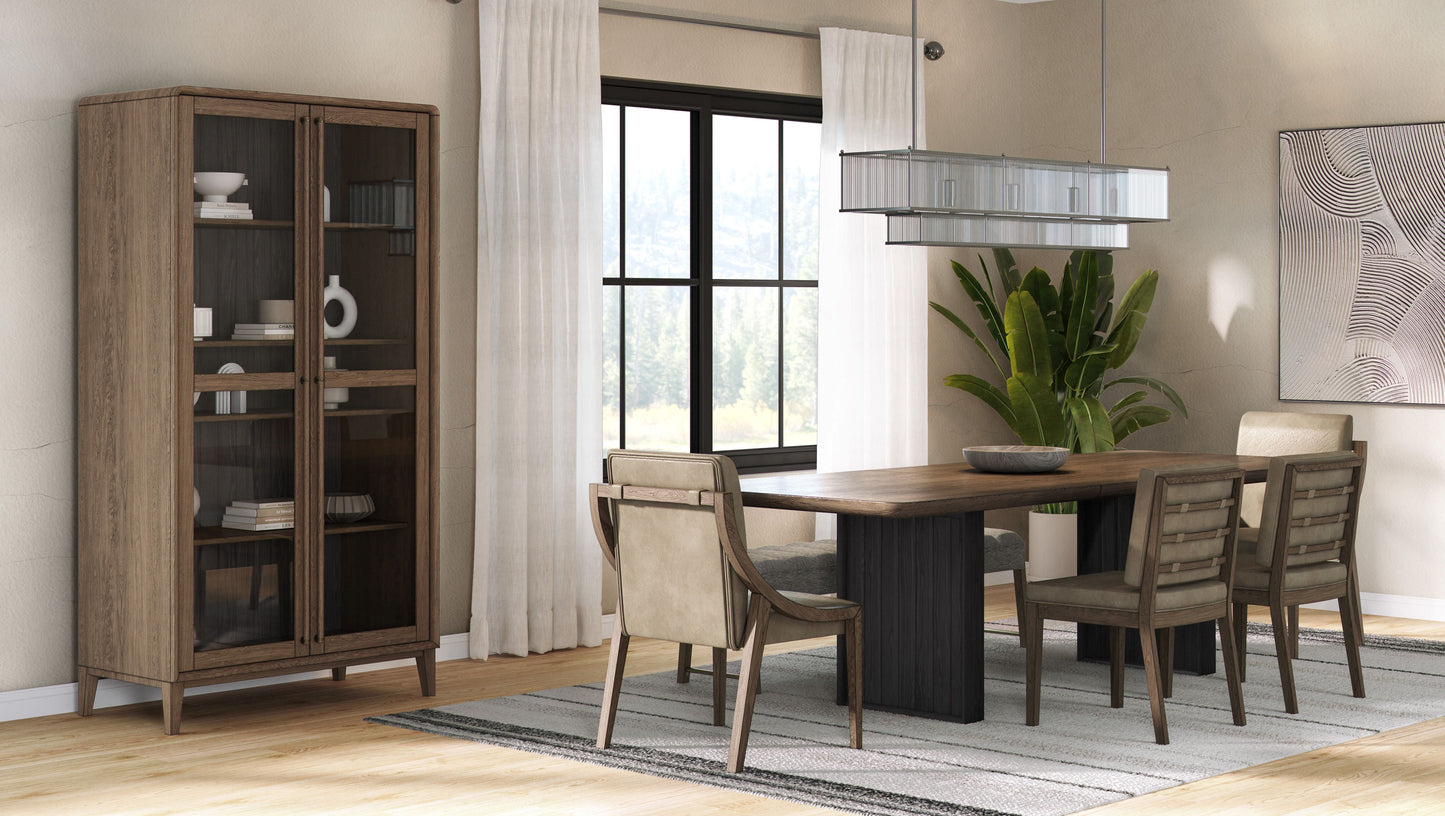 Rustic oak wood dining hutch with glass doors and adjustable shelves