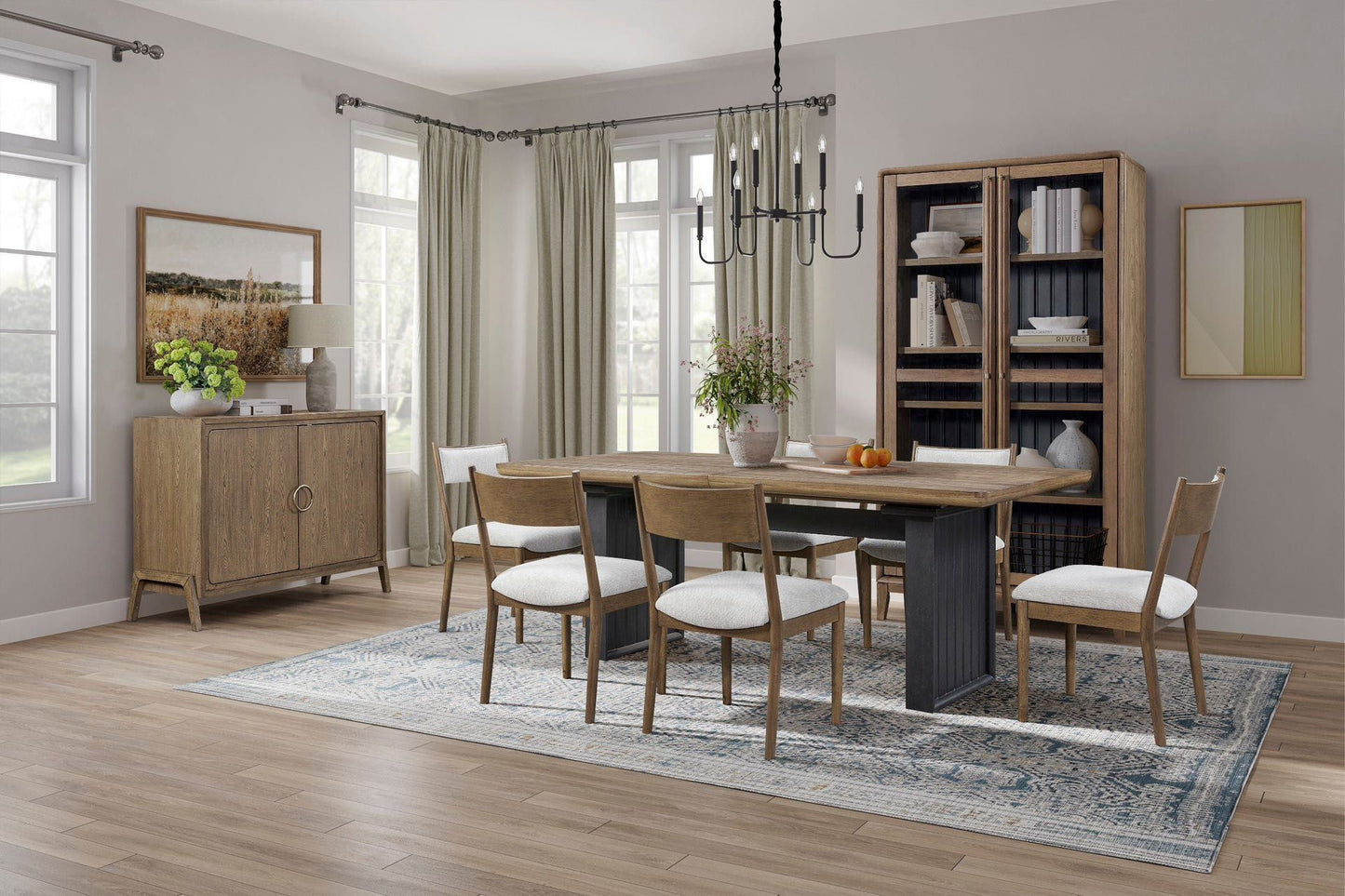 Rustic oak dining table with black metal legs seating six guests