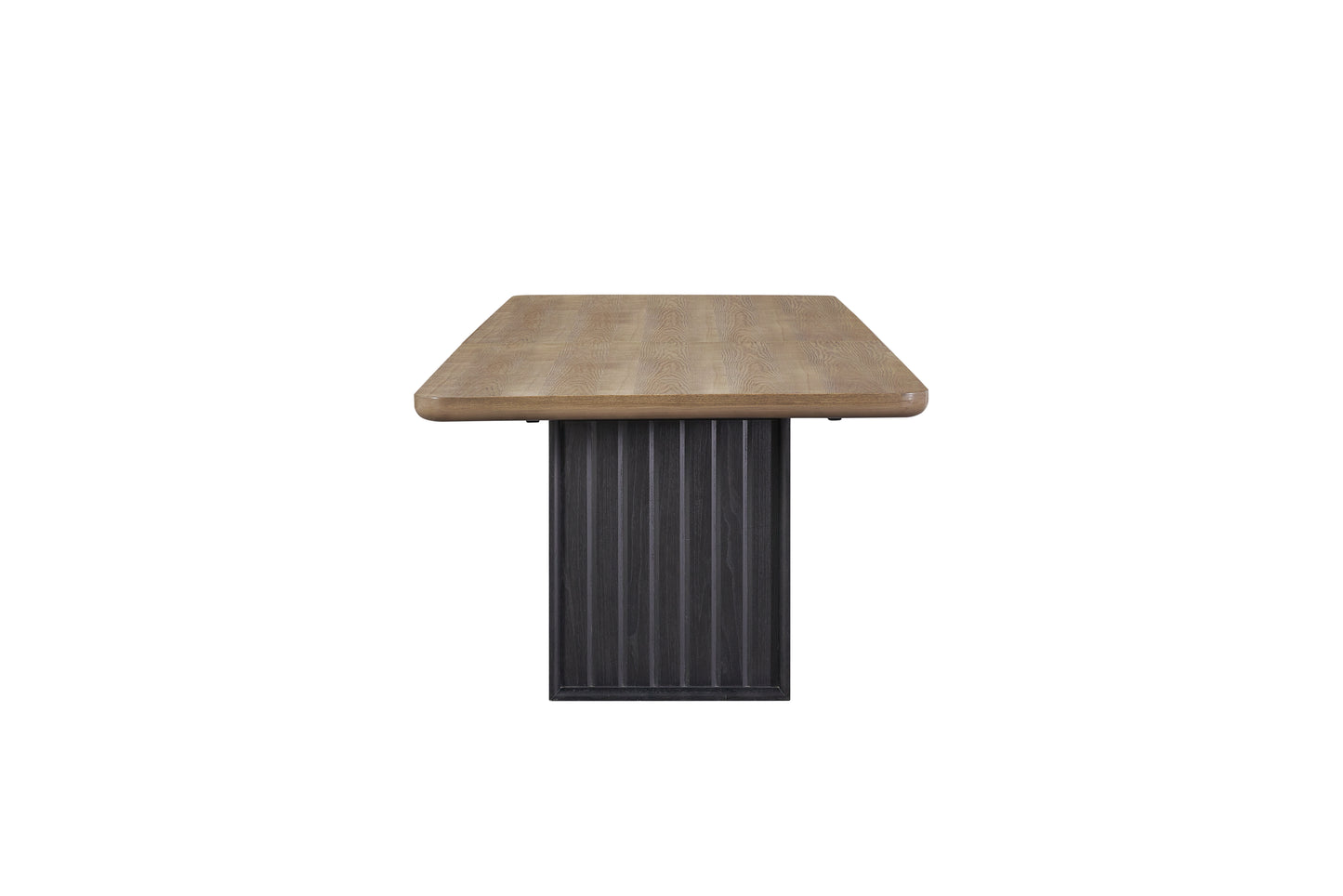 Solid oak dining table with a dark fluted pedestal base