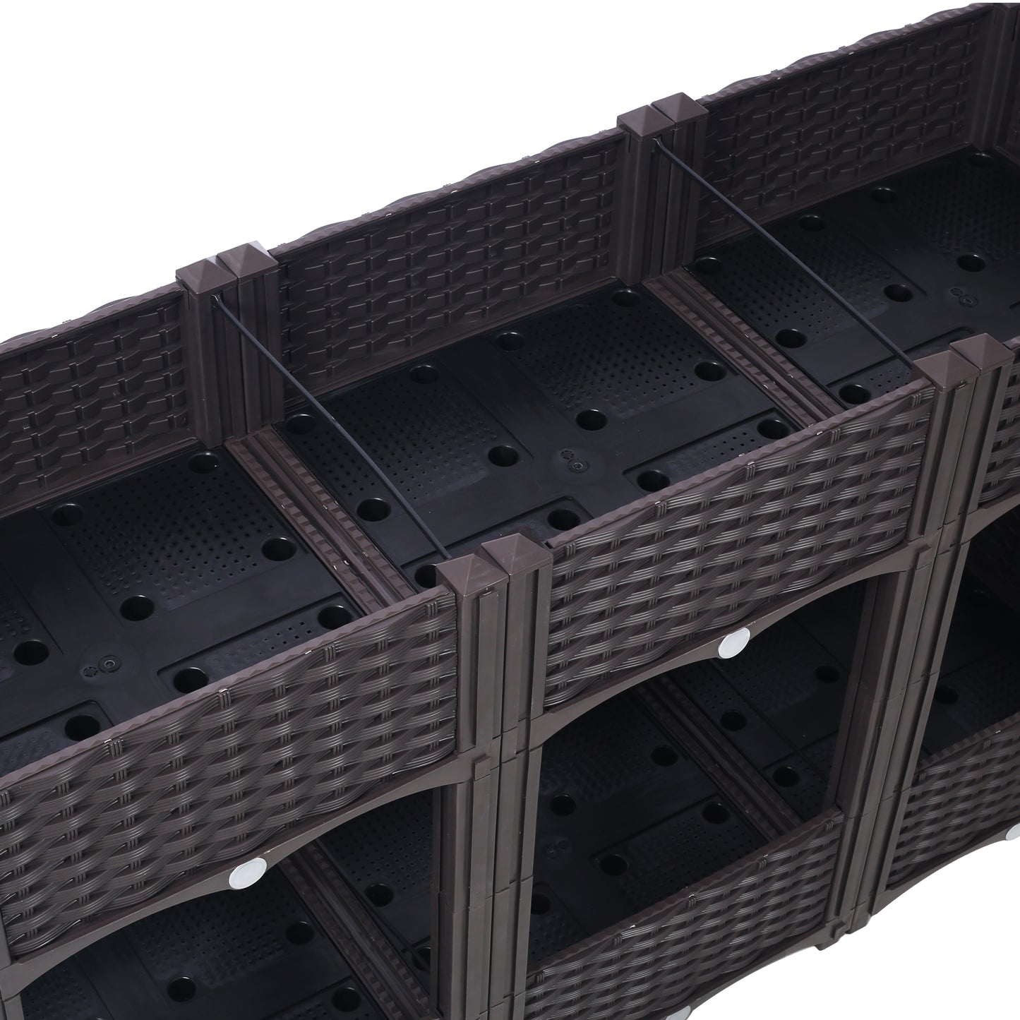 Modular stacking planter with brown woven resin featuring drainage holes for healthy plants