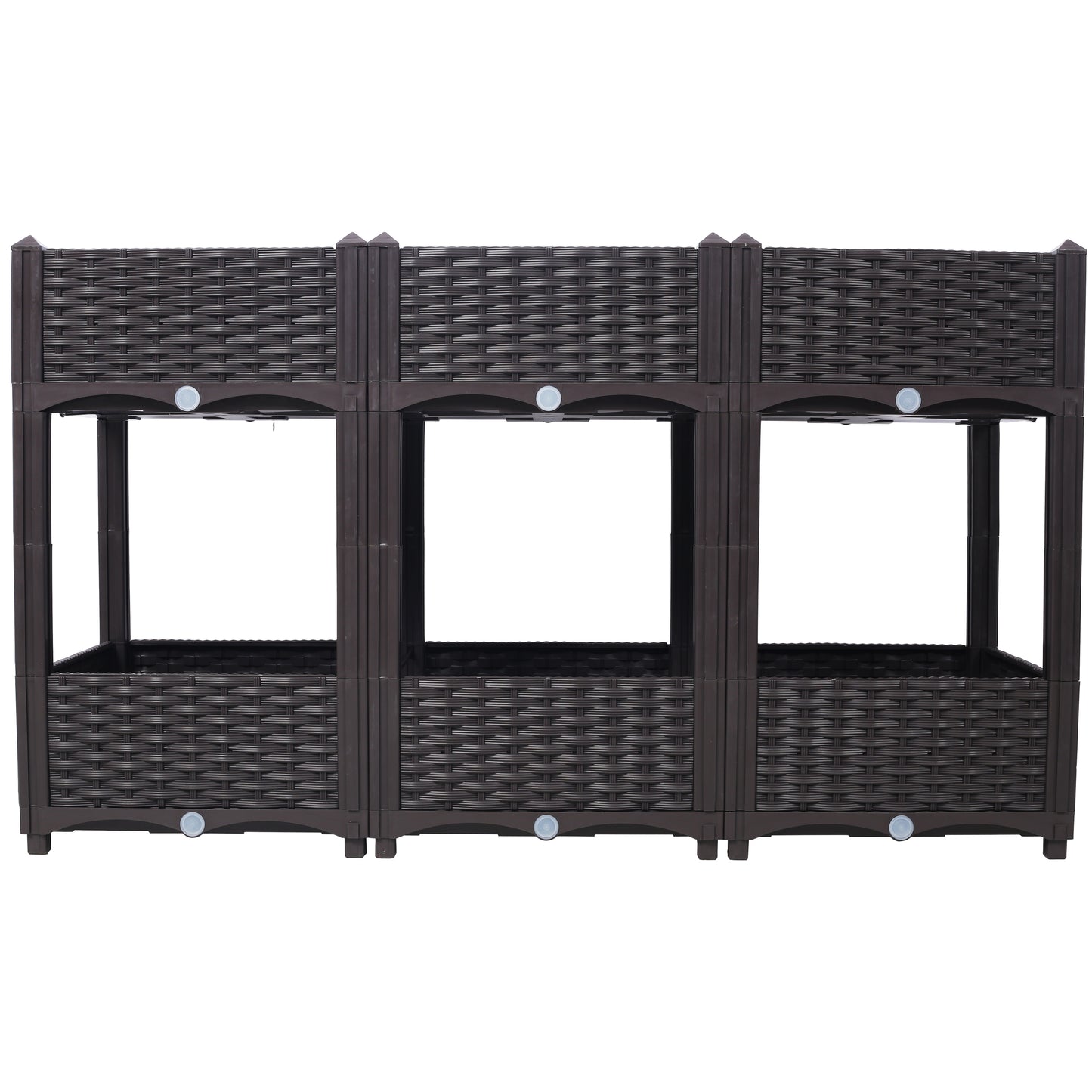 Dark brown rattanstyle tiered planter with three compartments ideal for balcony gardening
