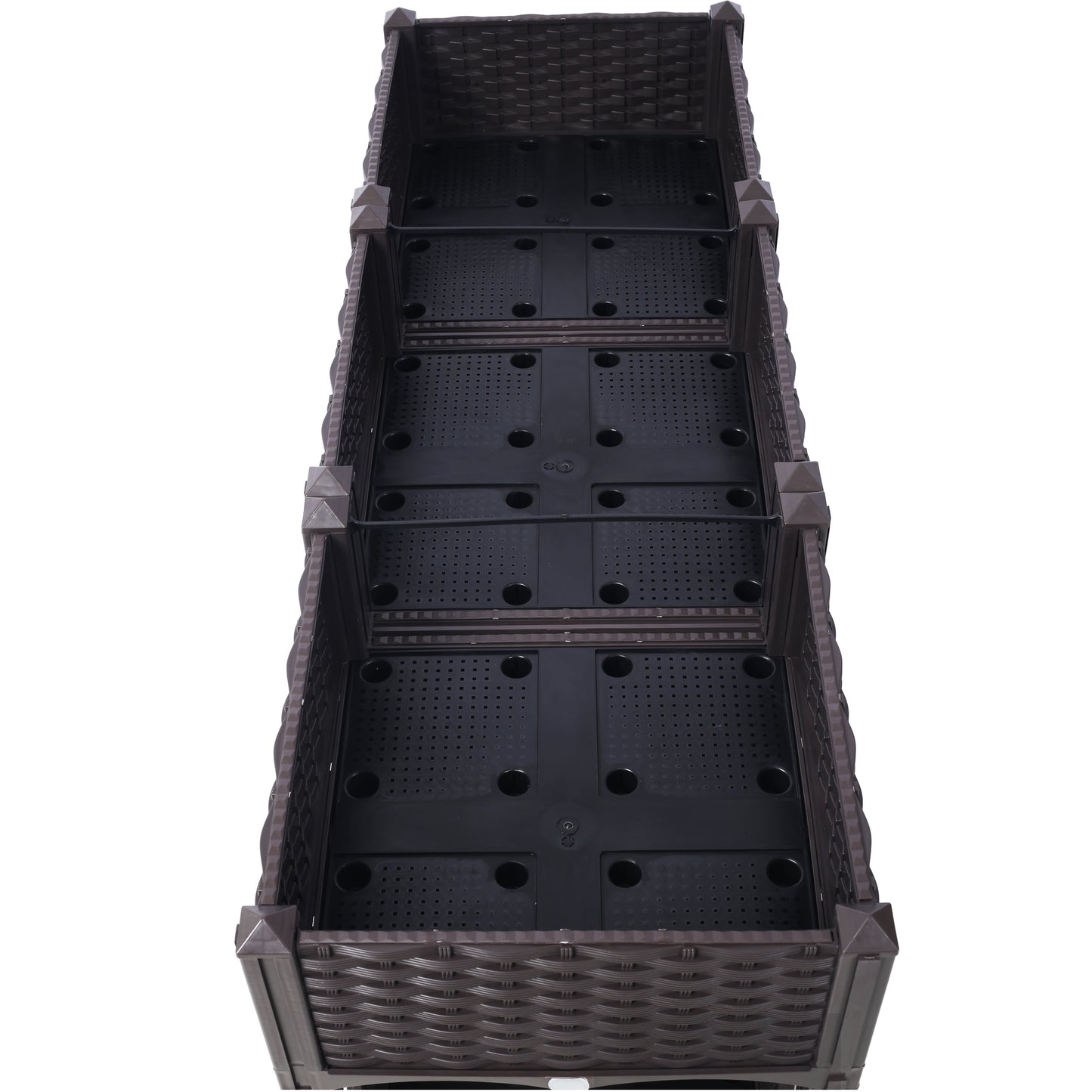 Dark brown modular raised garden bed with woven texture and drainage holes