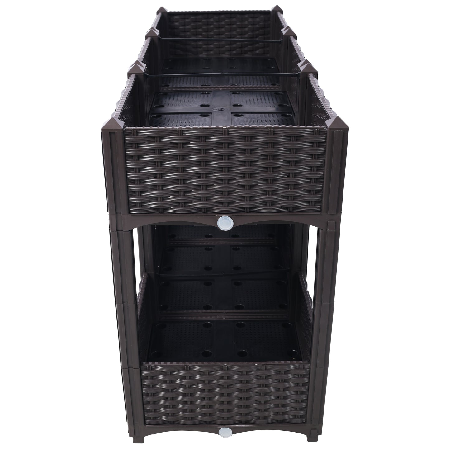 Tall brown tiered planter with a woven texture ideal for outdoor gardening