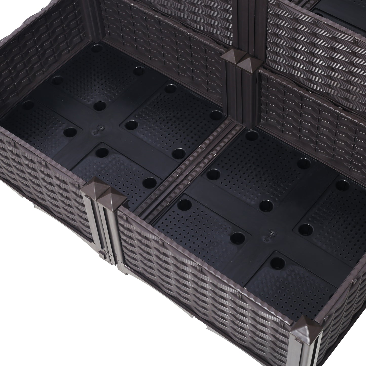 Dark brown modular raised garden bed with drainage holes featuring woven texture Perfect for your patio
