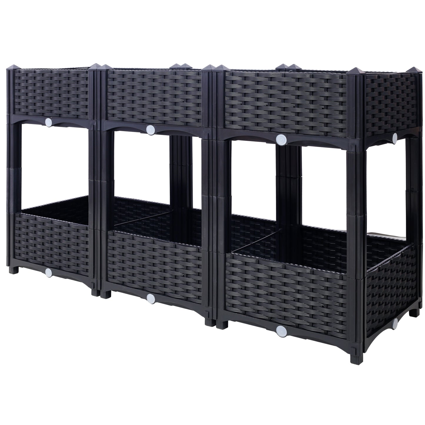 Black modular raised garden bed with a wickerlike texture sections