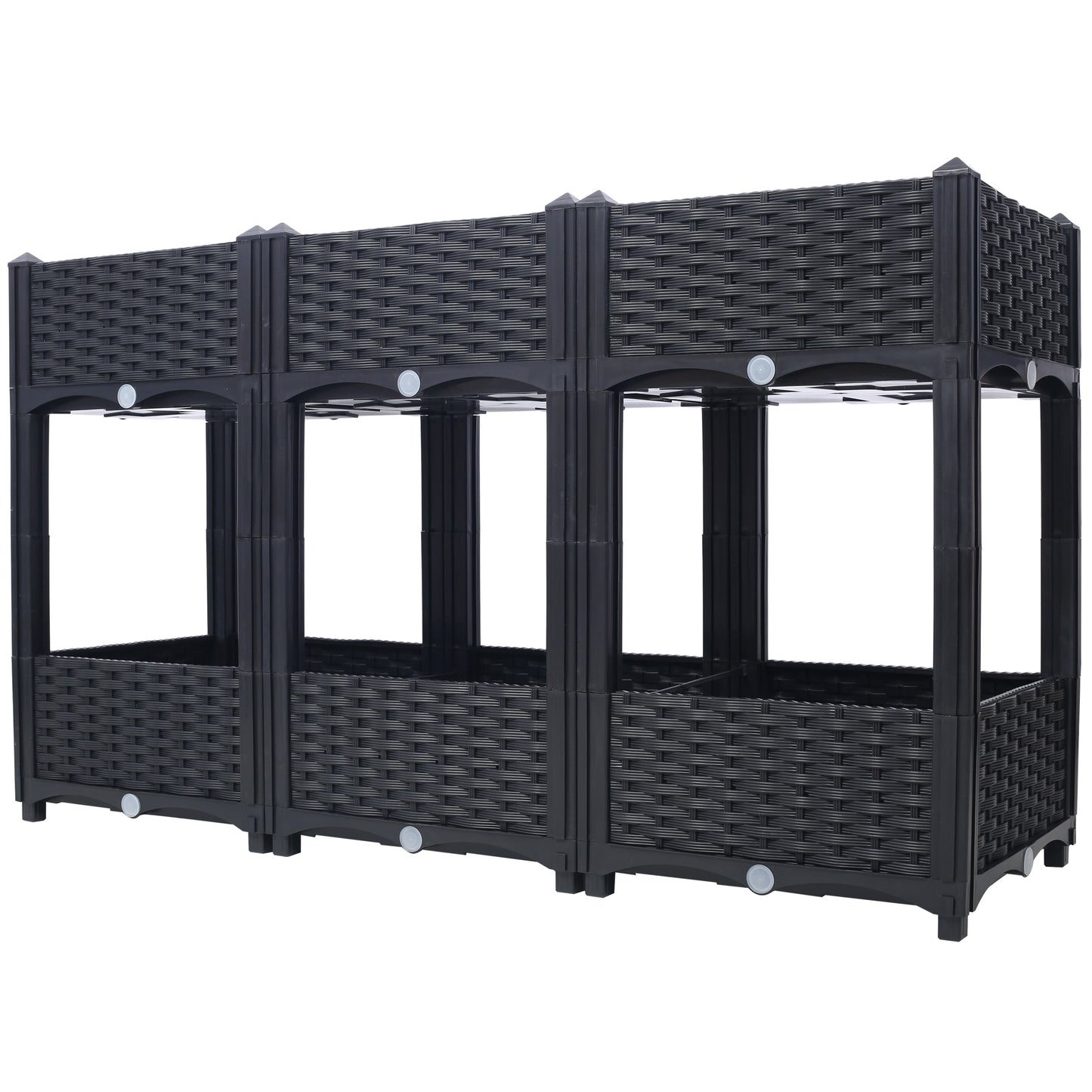 Modular black rattan planter with three tiers for gardening on balconies or patios