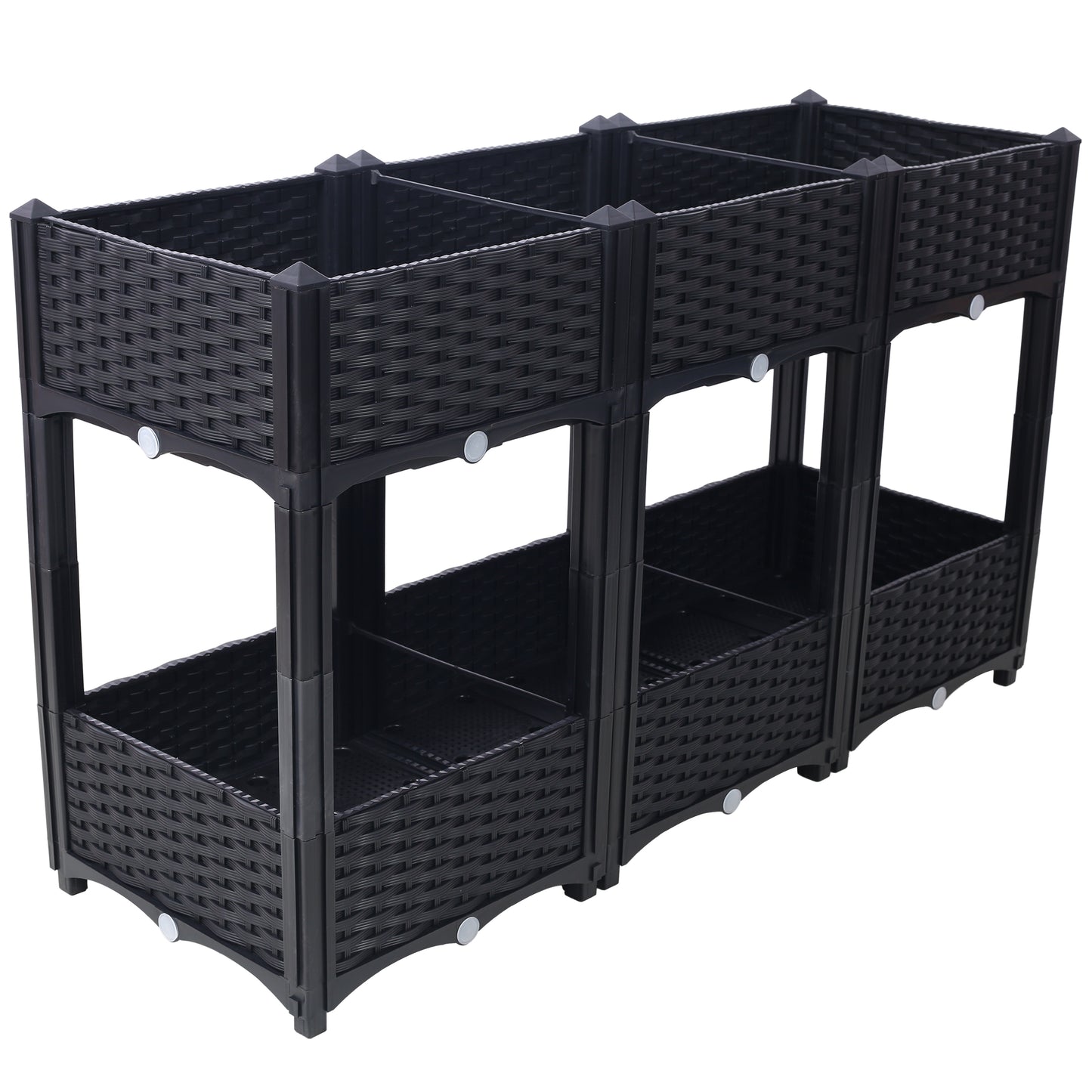 Black multilevel raised garden bed with a woven texture ideal for outdoor planting