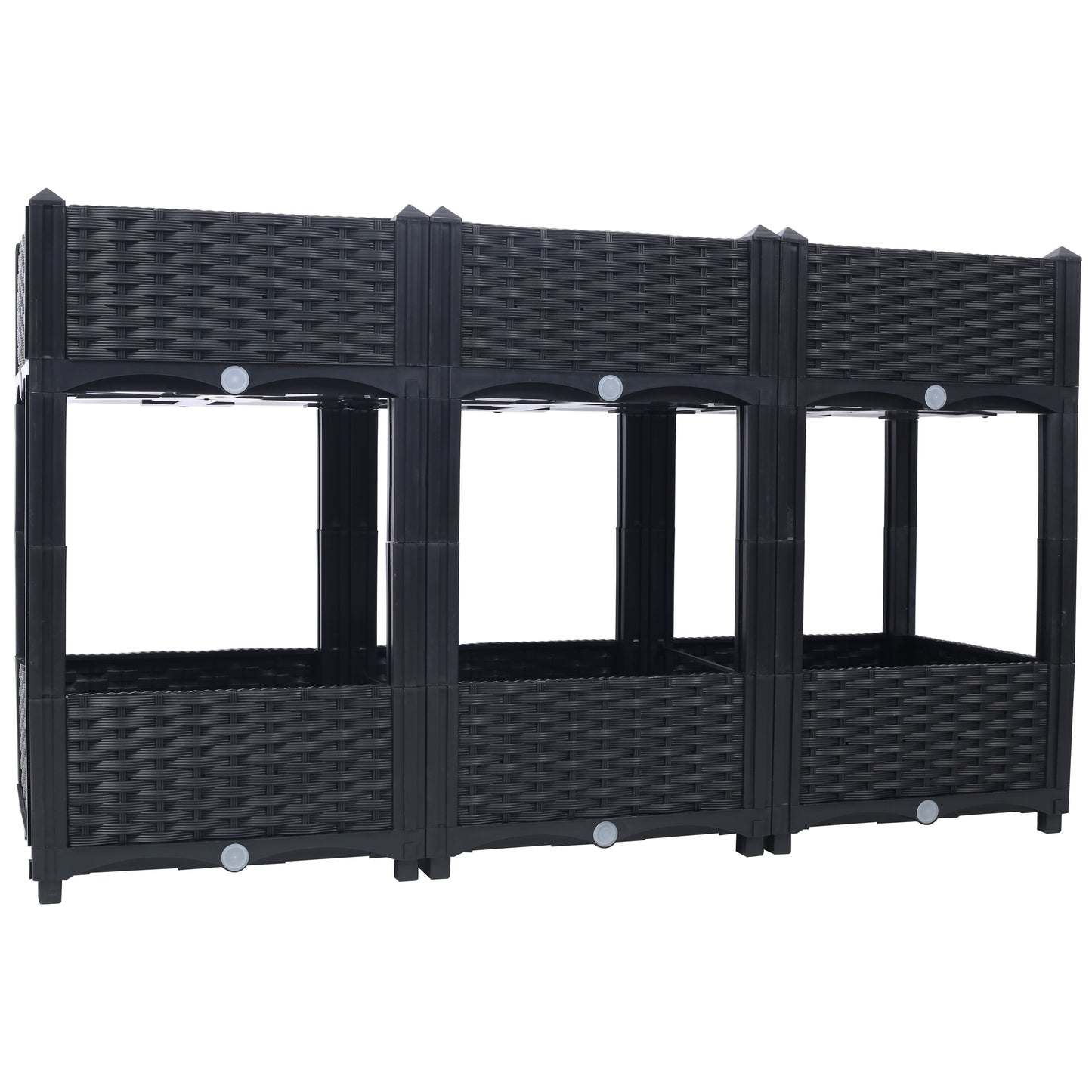 Modular raised garden bed with black rattan weave design
