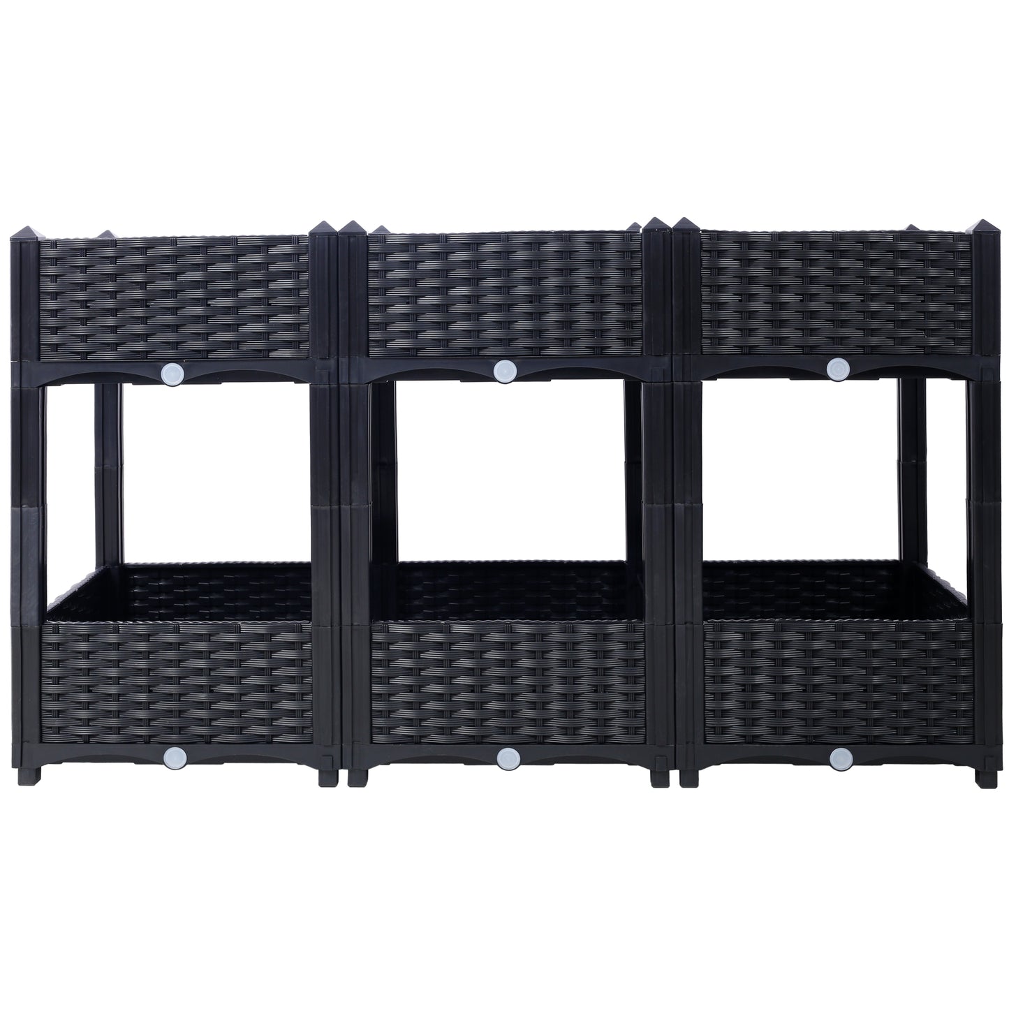 Black modular raised garden bed with a faux rattan weave featuring three tiers for plants