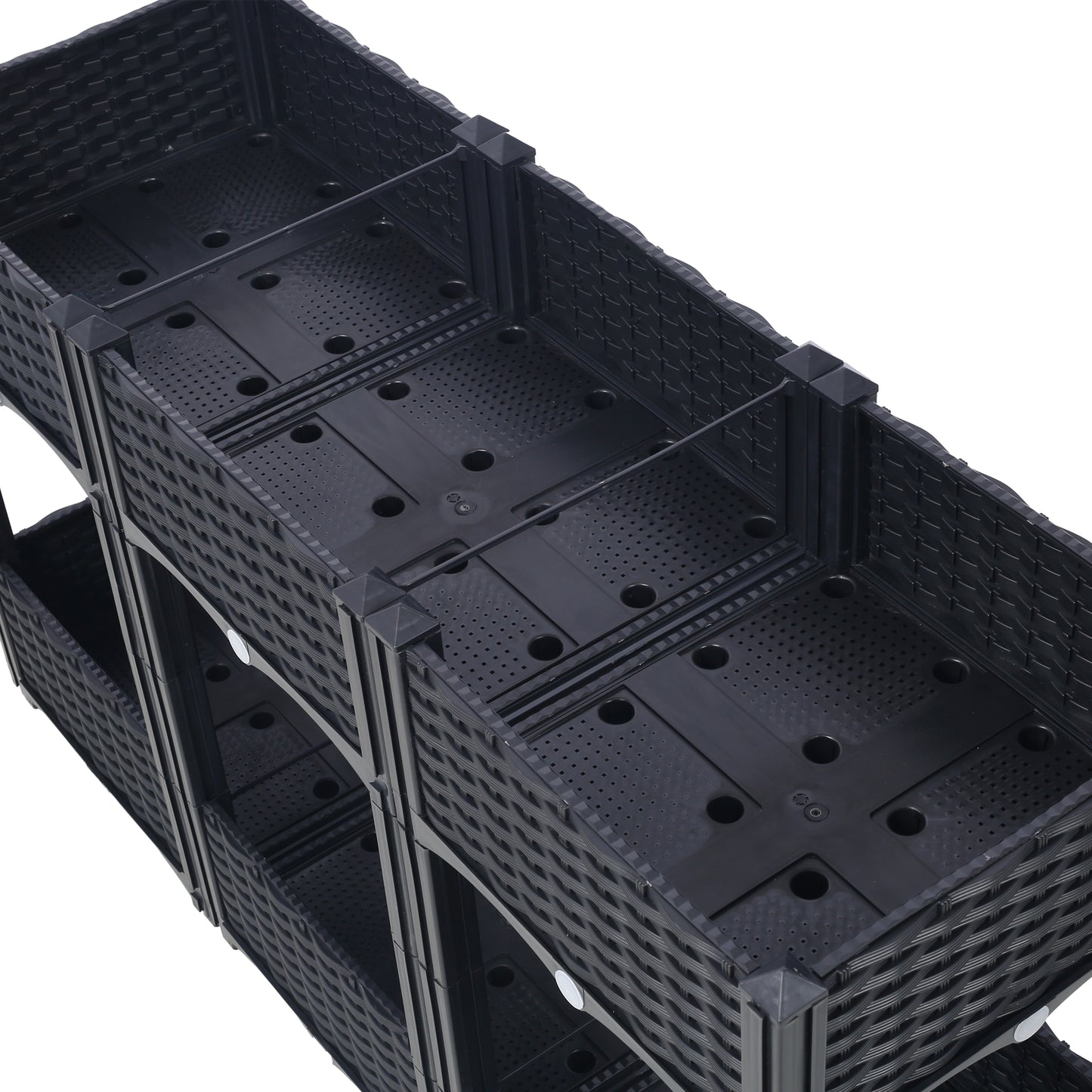 Black modular tiered planter box with drainage holes