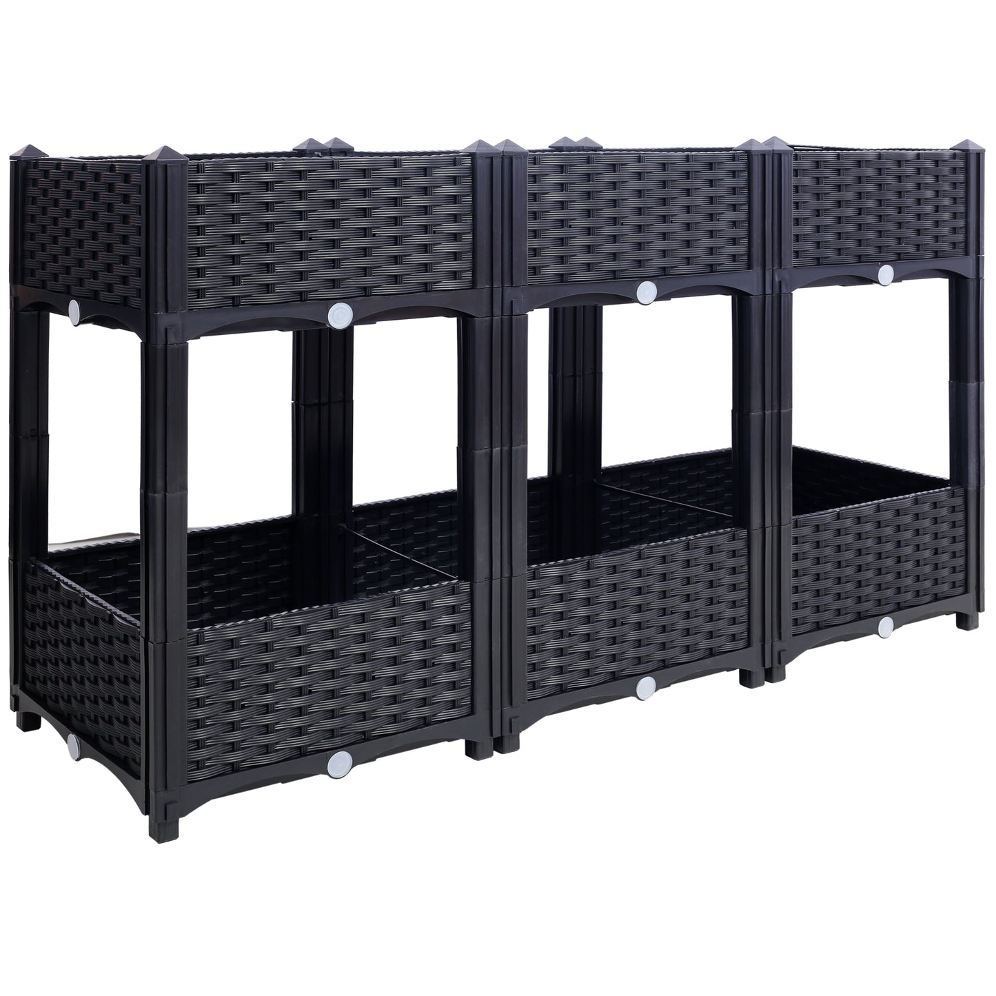 Black multitier modular planter with woven texture for outdoor gardening
