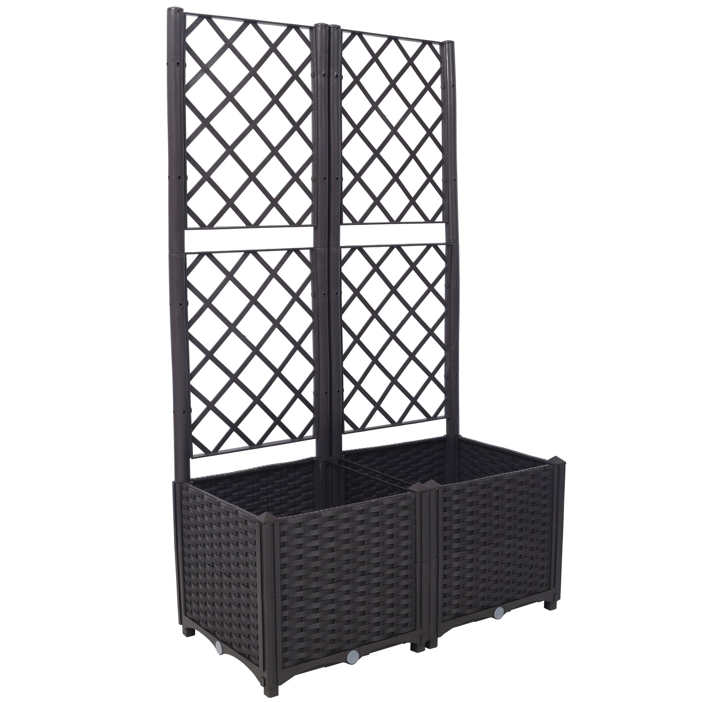 Dark brown wicker planter with a tall diamond lattice trellis for climbing plants