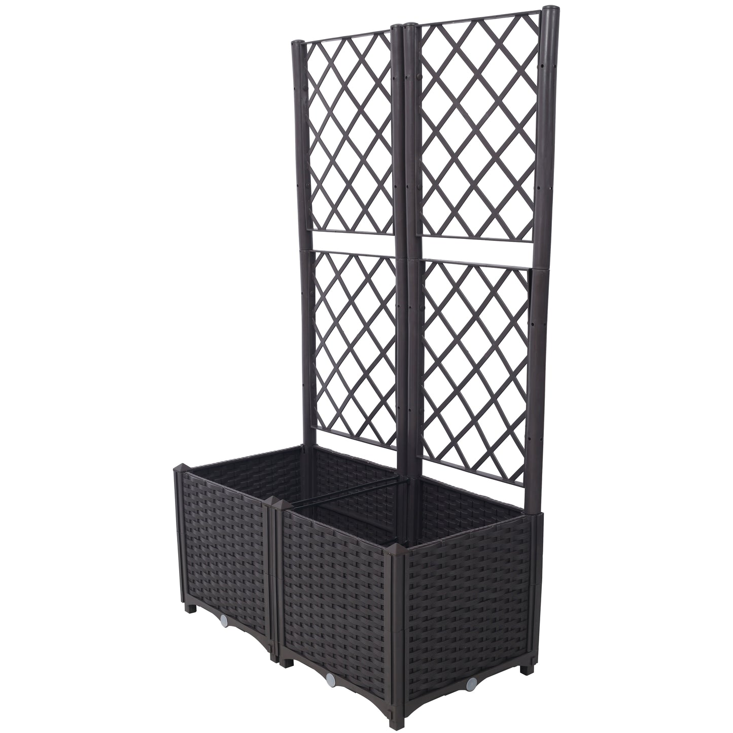 Dark brown resin wicker planter with integrated trellis for climbing plants